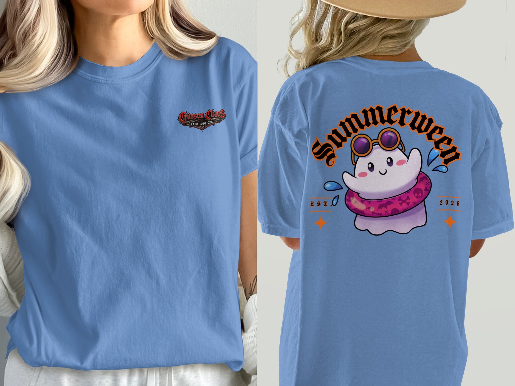 Blue t-shirt with "Crimson Chaos Clothing Co." on front and ghost in float on back.