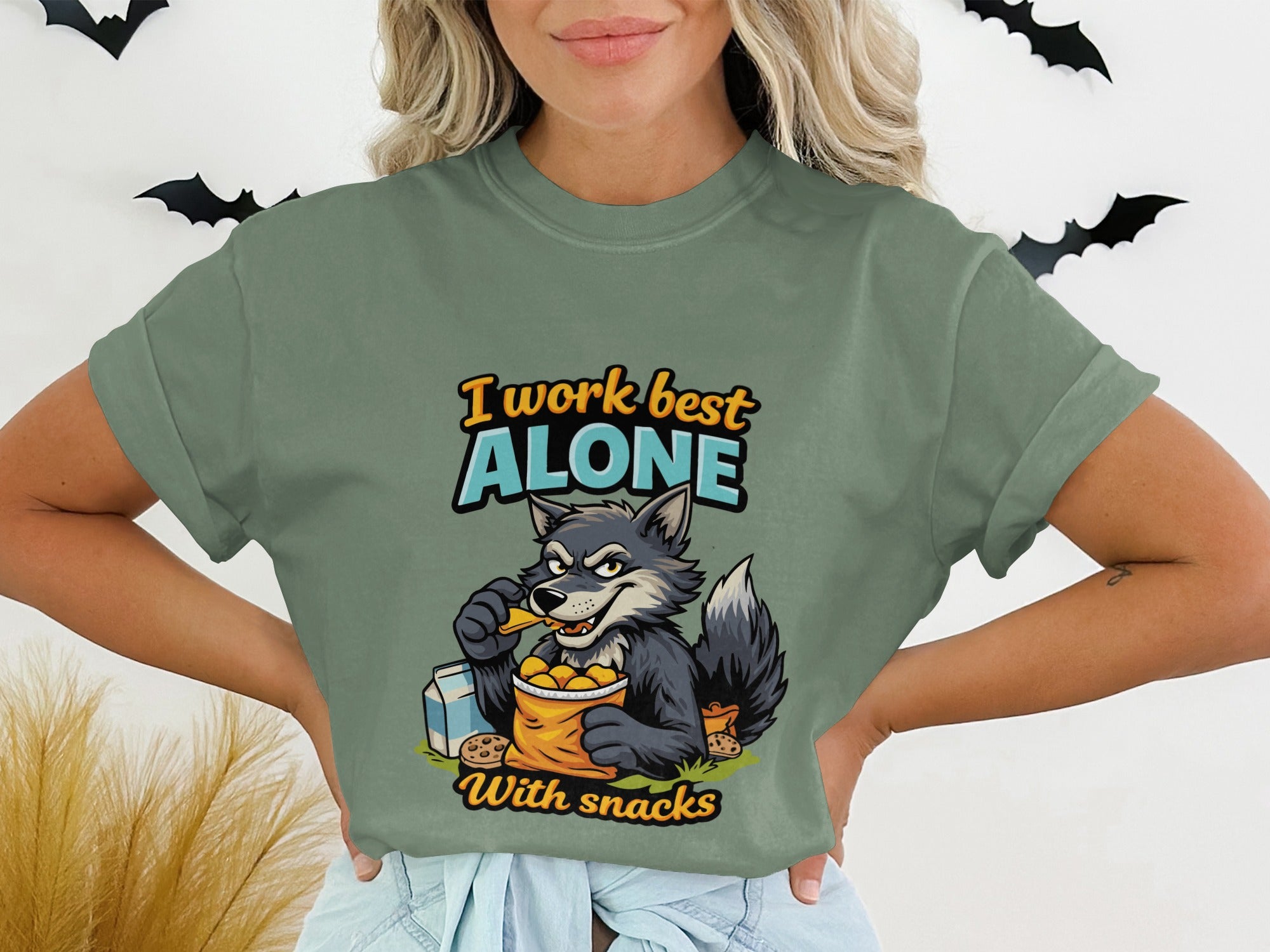 I Work Best Alone With Snacks Wolf T-Shirt