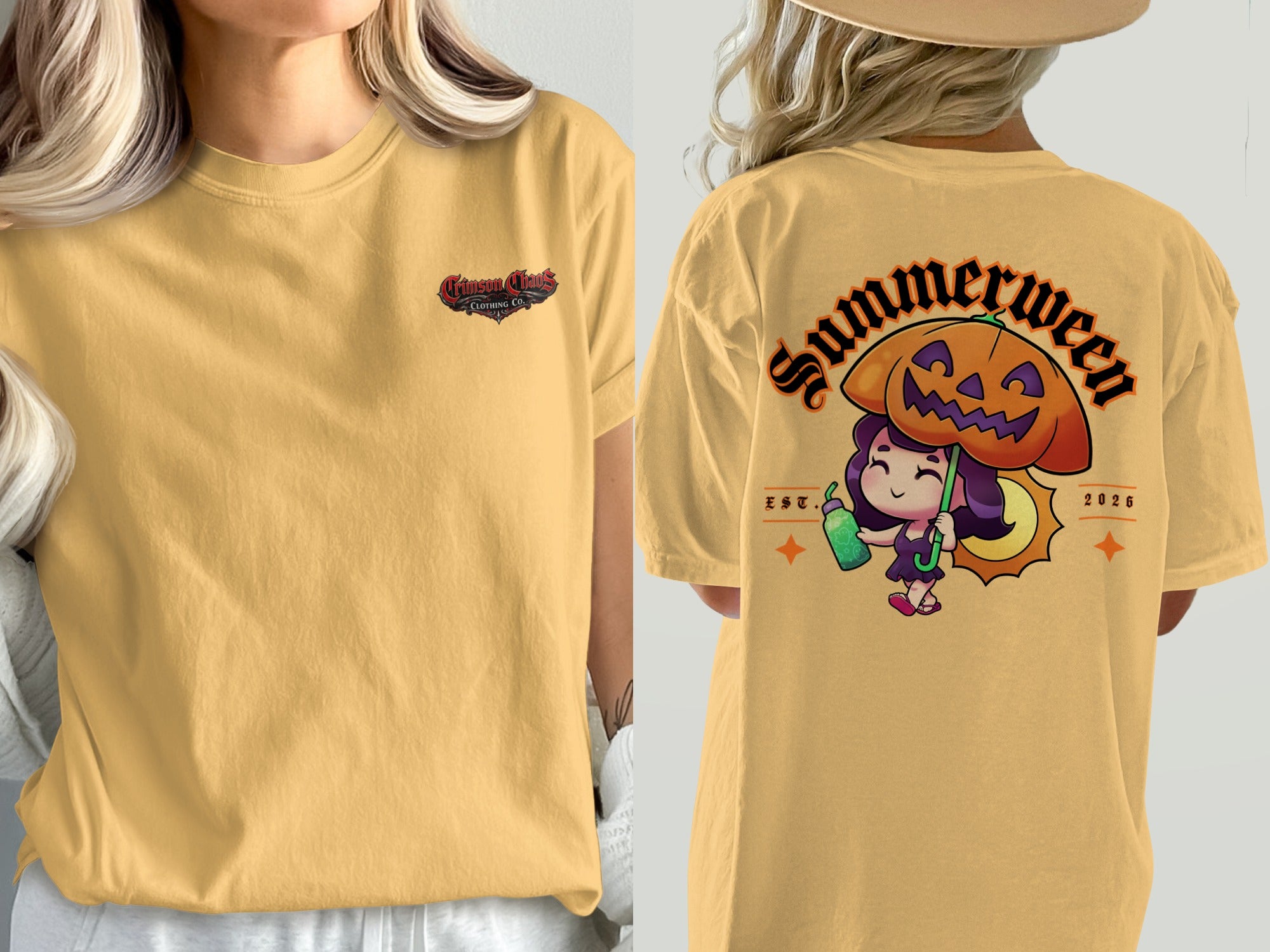 Yellow t-shirt with "Crimson Chaos Clothing Co." on front and "Summerween Est. 2026" graphic on back.