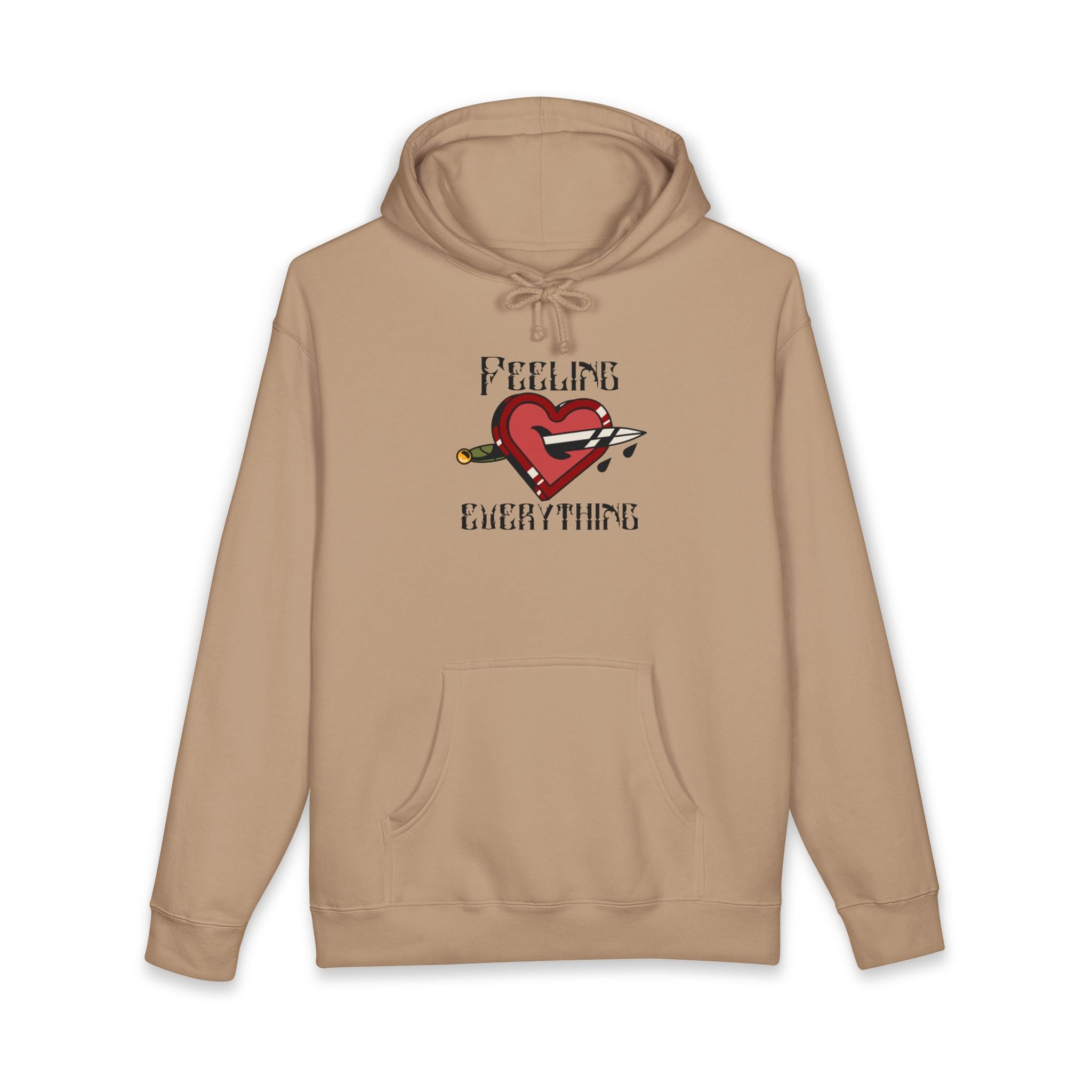 Beige hoodie with a tattoo-style heart pierced by a dagger and the text "FEELING EVERYTHING".