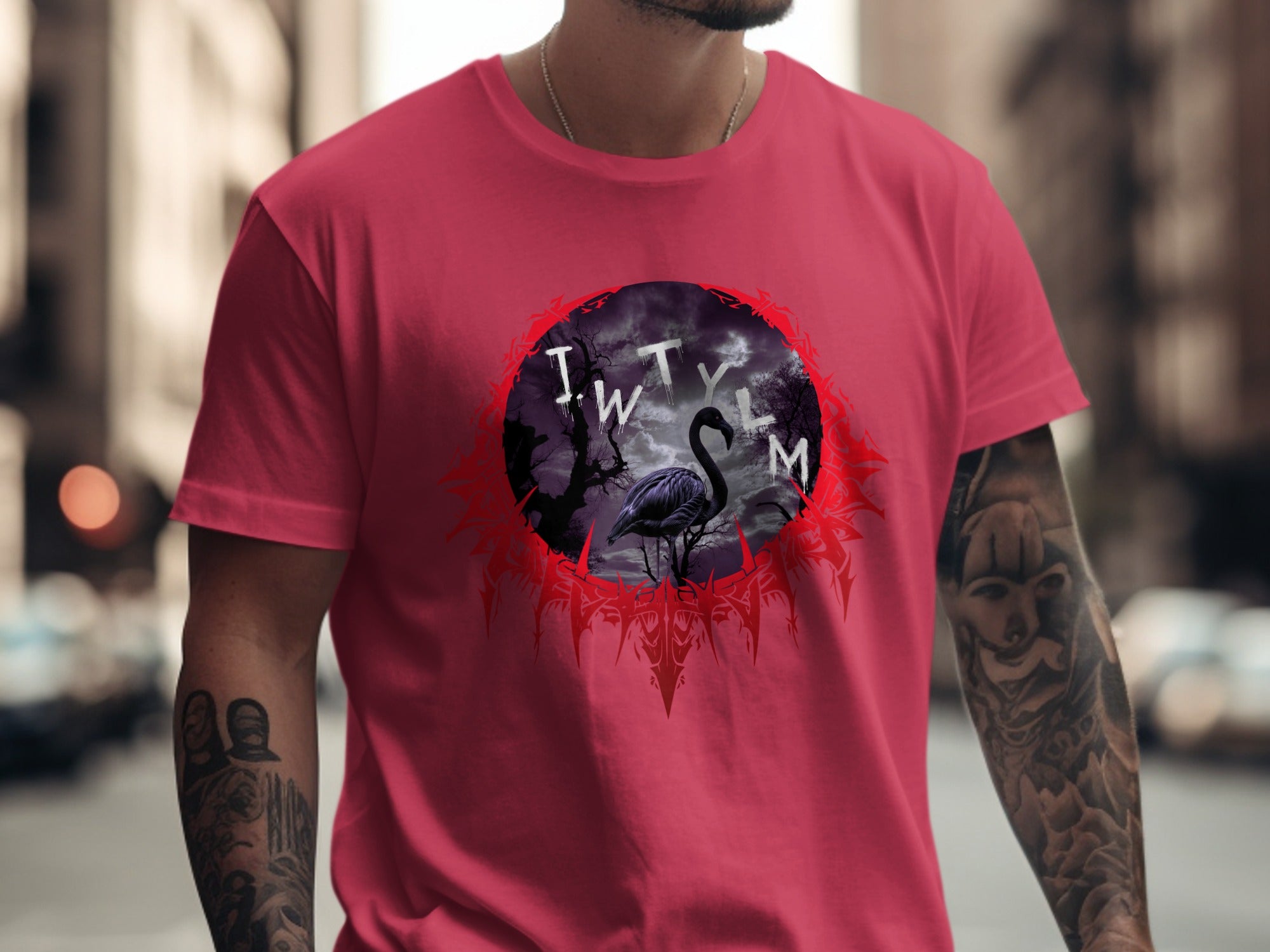 IWTYLM Flamingo Graphic Print on Red Shirt Unique Tee