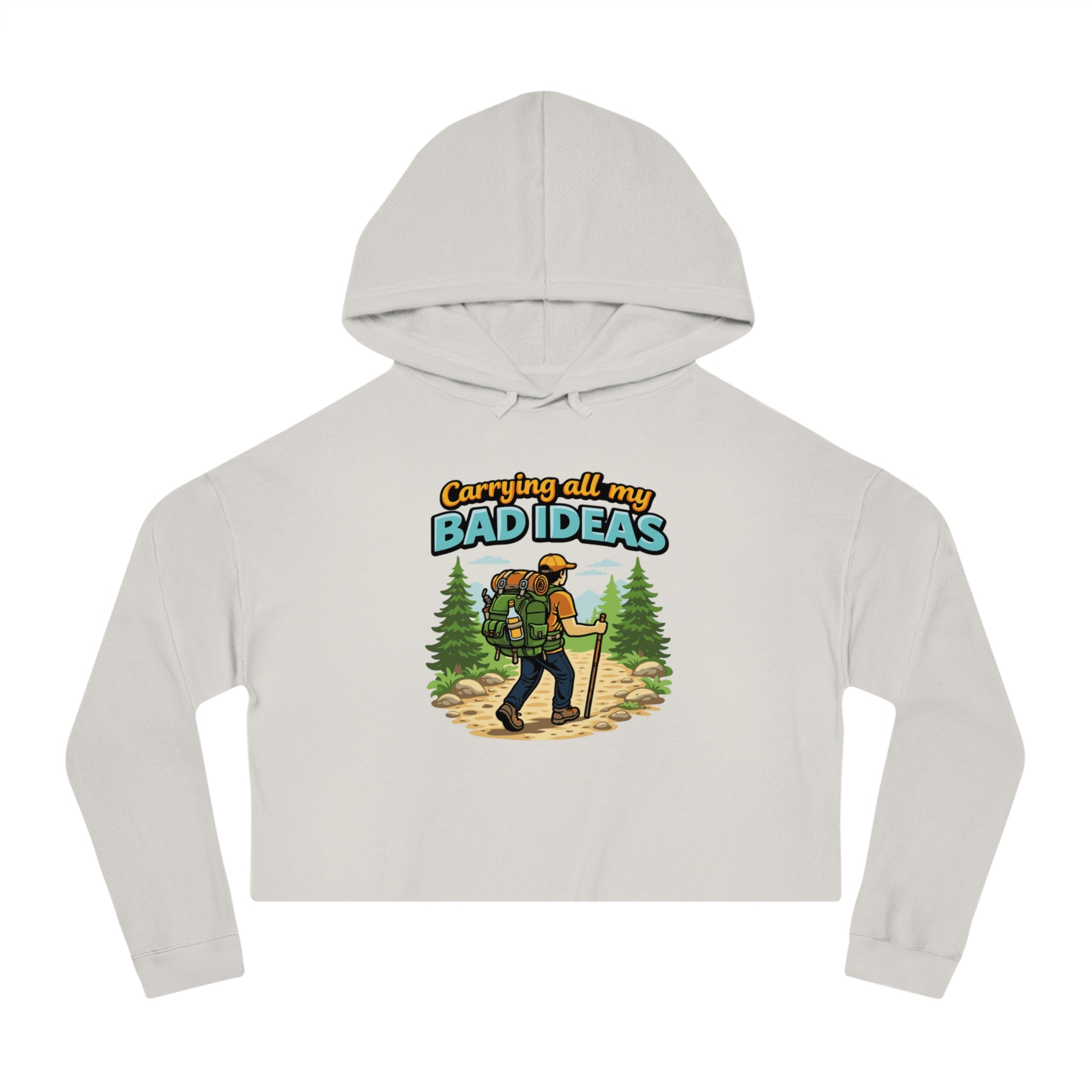 Cropped hoodie with graphic of hiker carrying backpack and walking stick.