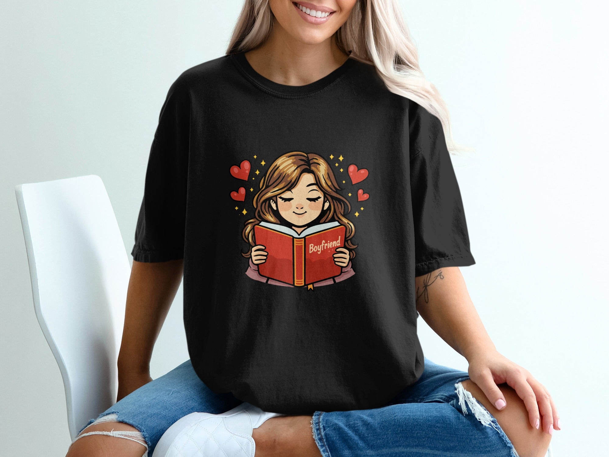 Cute Girl Reading Boyfriend Book Graphic Tee Shirt