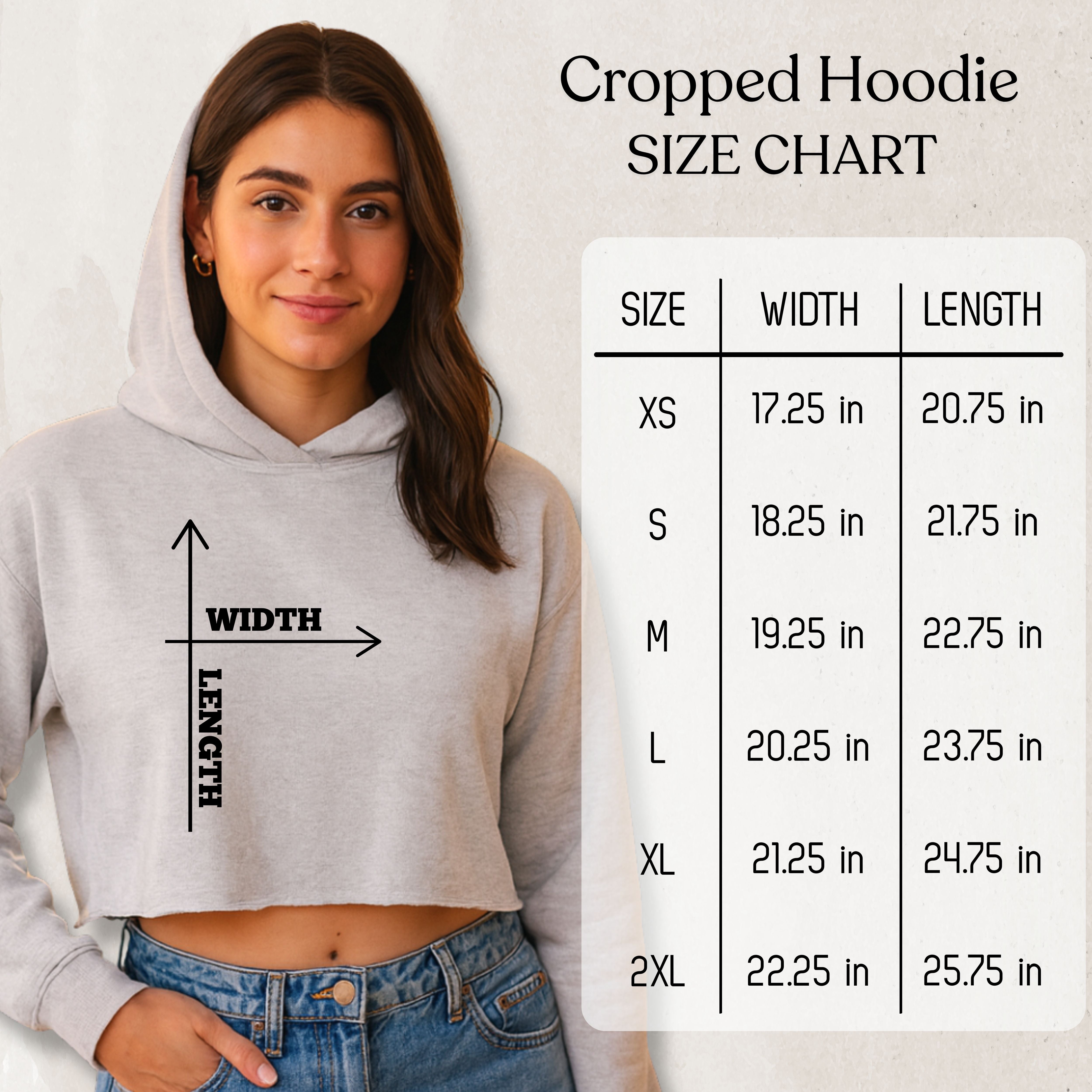 Cropped hoodie size chart showing width and length measurements for sizes XS to 2XL.