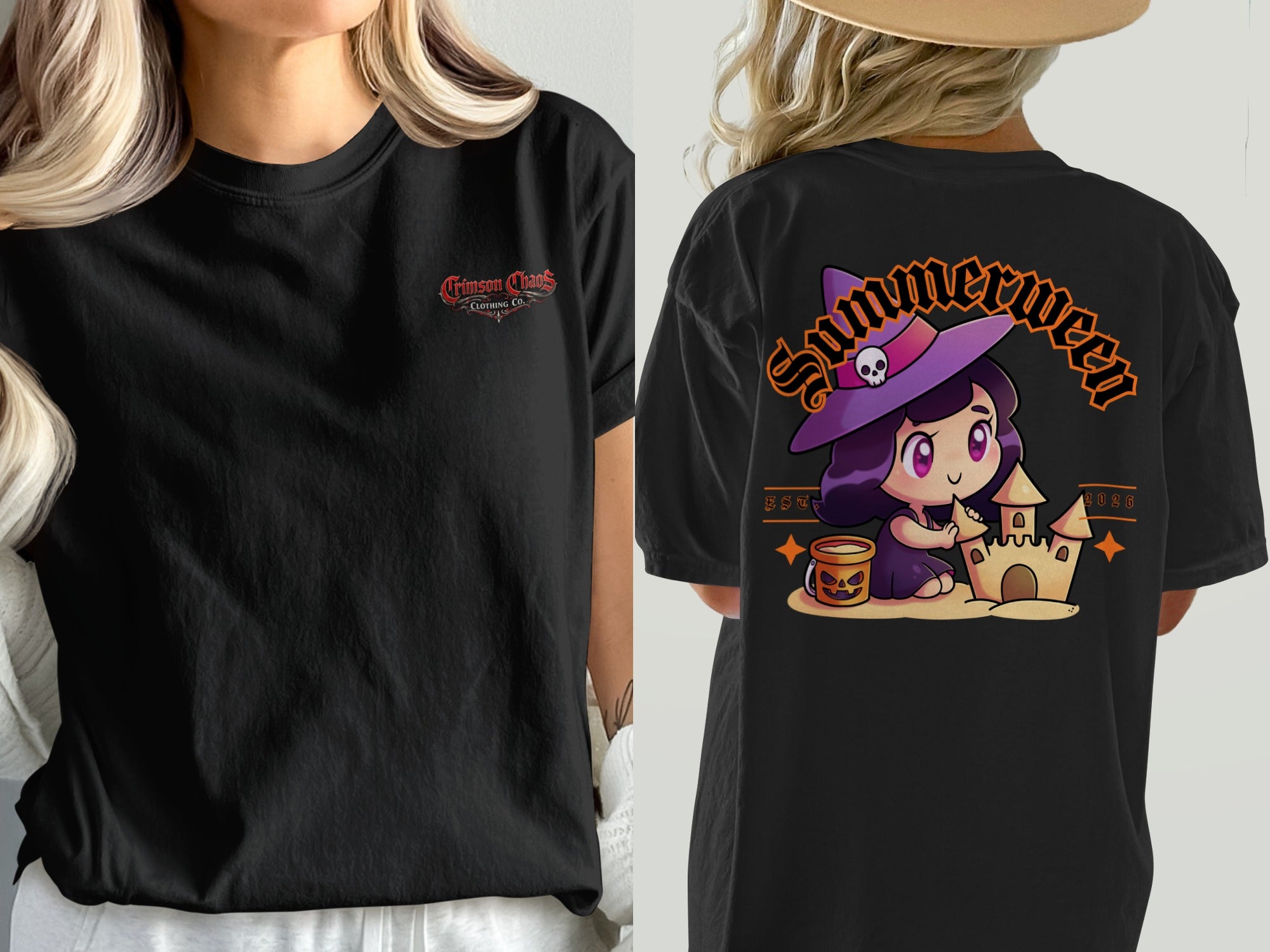 Black t-shirt with "Crimson Chaos Clothing Co." on front and witch building sandcastle on back.
