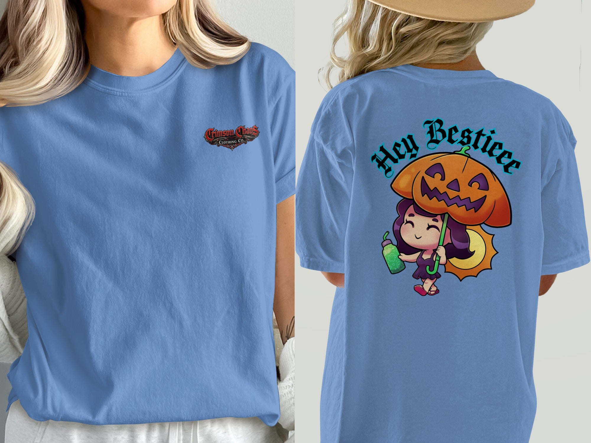 Blue t-shirt with Crimson Chaos Clothing Co. logo and a Halloween graphic with text.