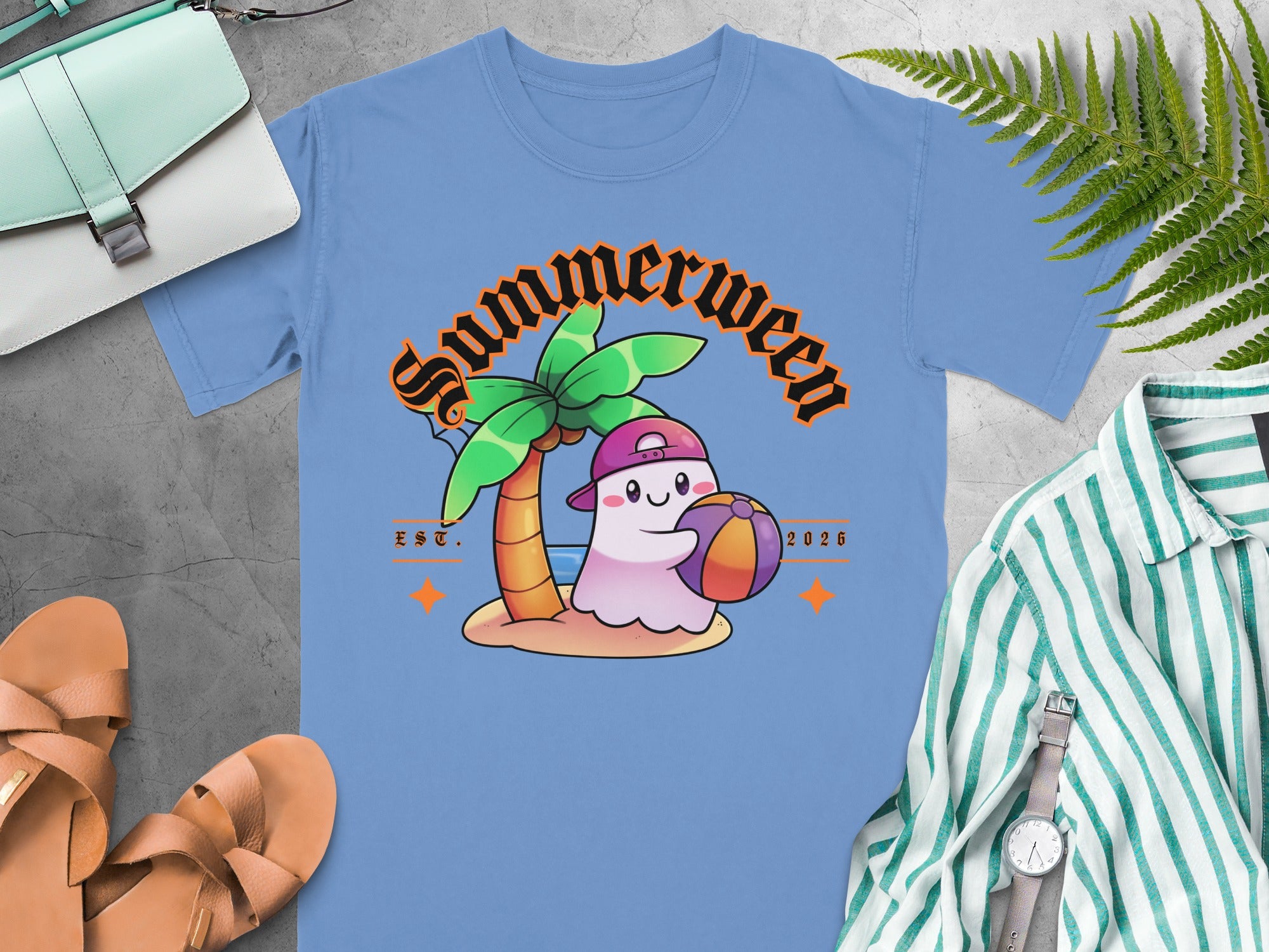 Blue t-shirt with "Summerween EST. 2026" graphic featuring a ghost holding a beach ball.