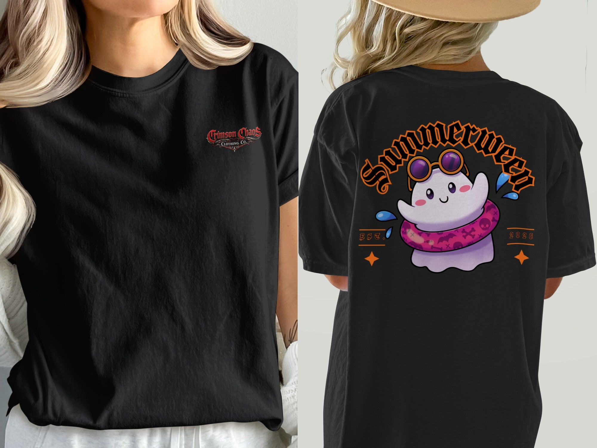 Black t-shirt with front logo and back graphic of a ghost wearing sunglasses and a float.