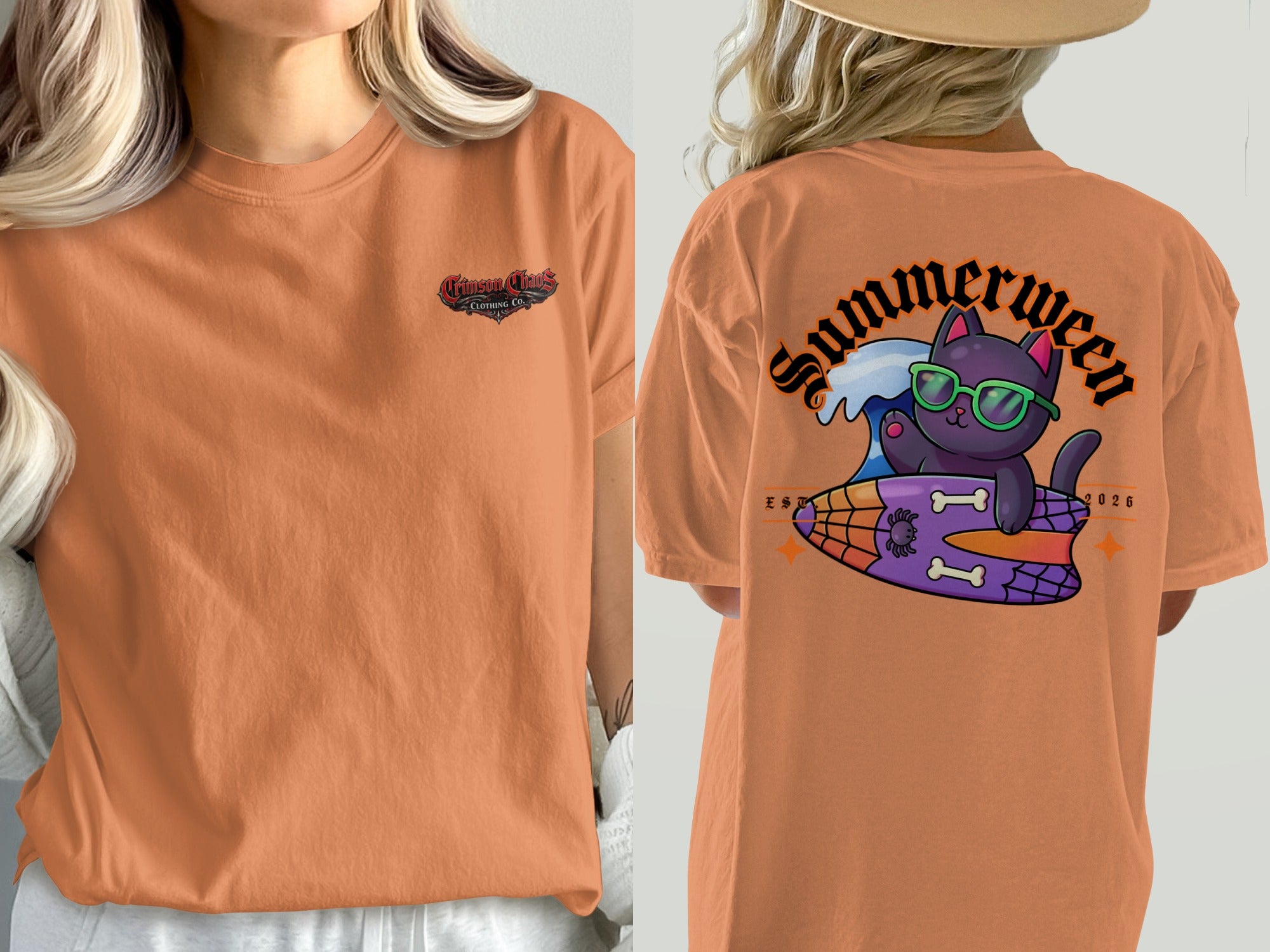 Orange t-shirt with Crimson Chaos Clothing Co. on front and a cat surfing a spiderweb surfboard on back.