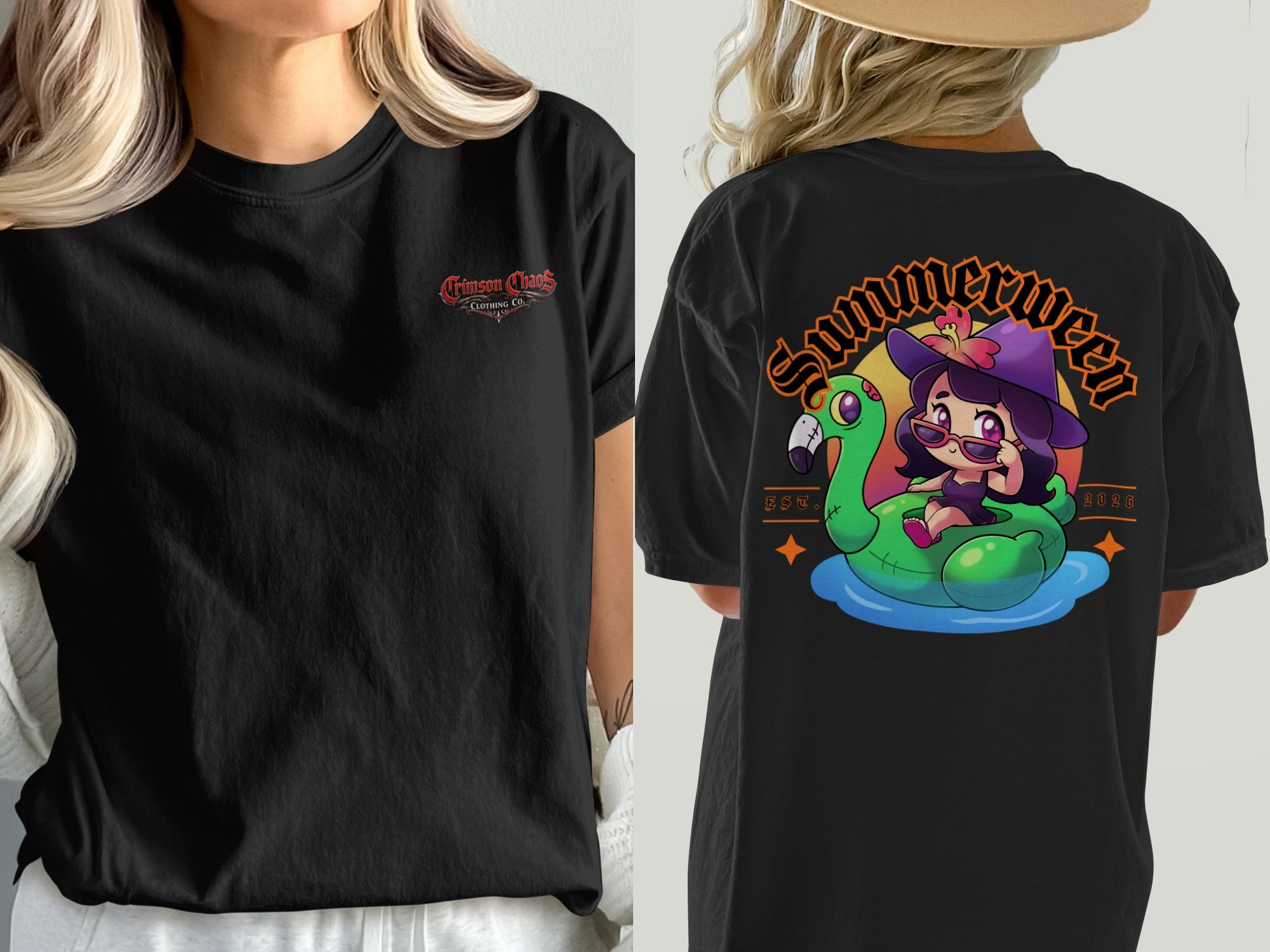 Black t-shirt with Crimson Chaos Clothing Co. logo on front and witch graphic on back.