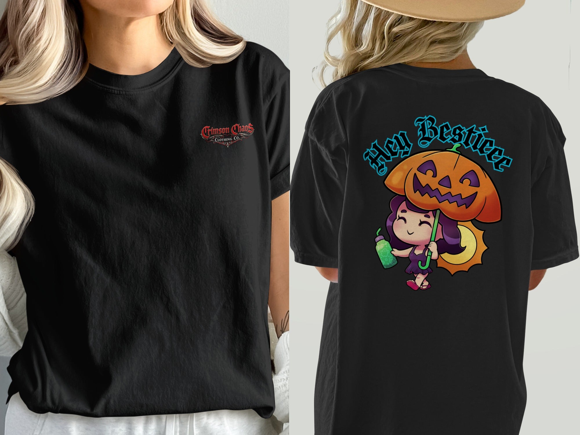 Black t-shirt with crimson chaos logo on front and Halloween graphic on back.