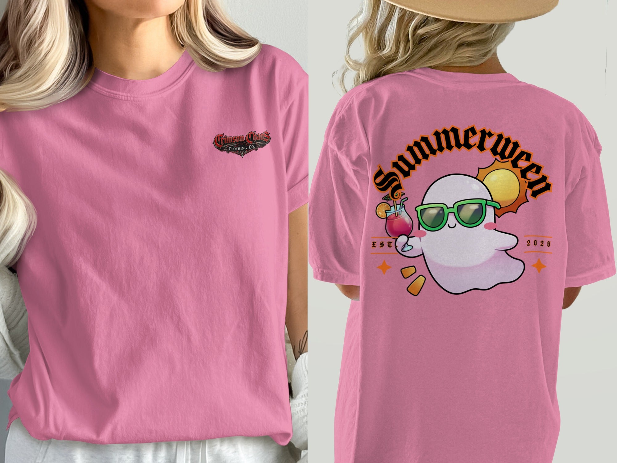 Pink t-shirt with "Crimson Chaos Clothing Co." on the left chest and a ghost with sunglasses and a drink on the back.