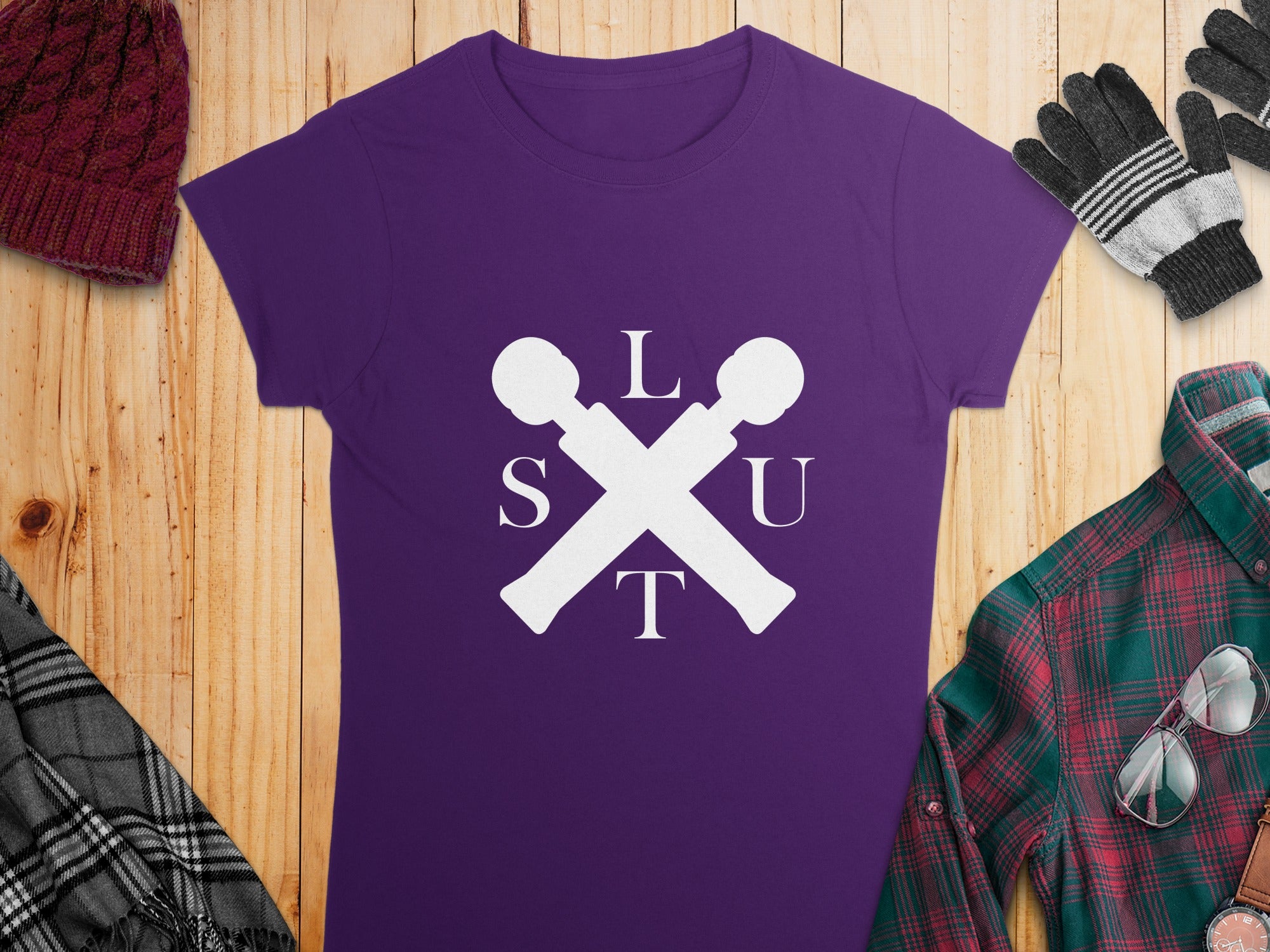 Purple Shirt with White SLUT Crossed Symbols Design