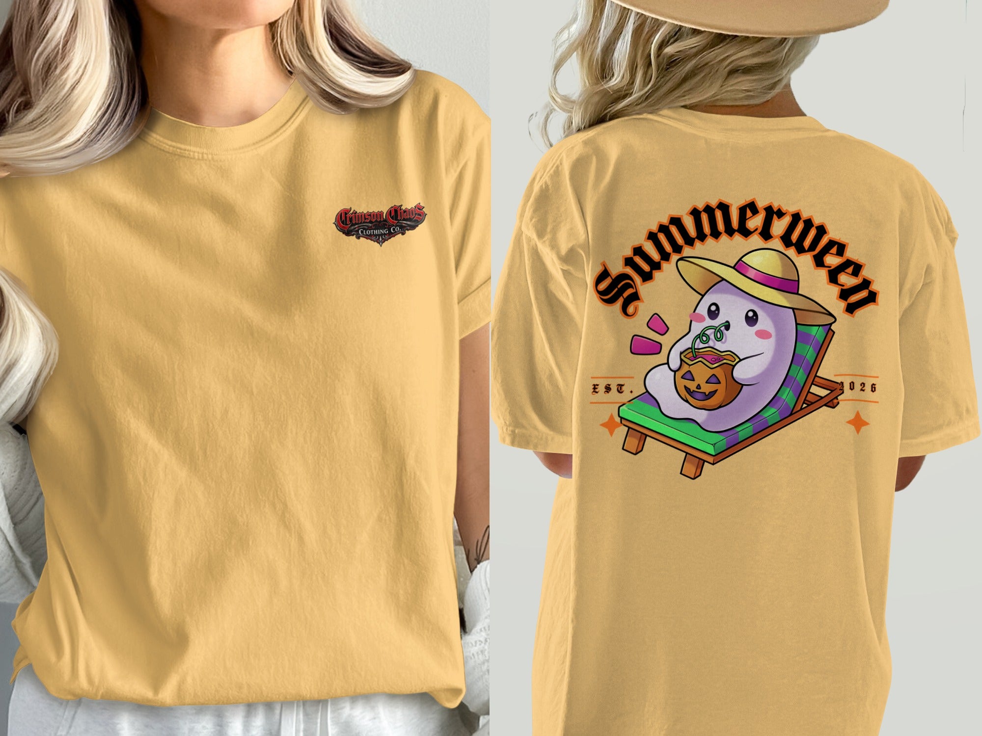 Yellow t-shirt with a "Crimson Chaos Clothing Co." logo and a cartoon ghost in a hat on the back.