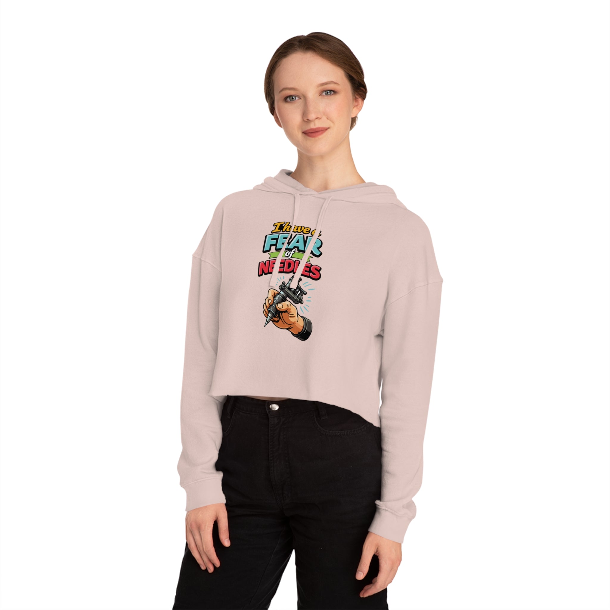 Cropped hoodie with graphic that reads "I have no fear of needles".