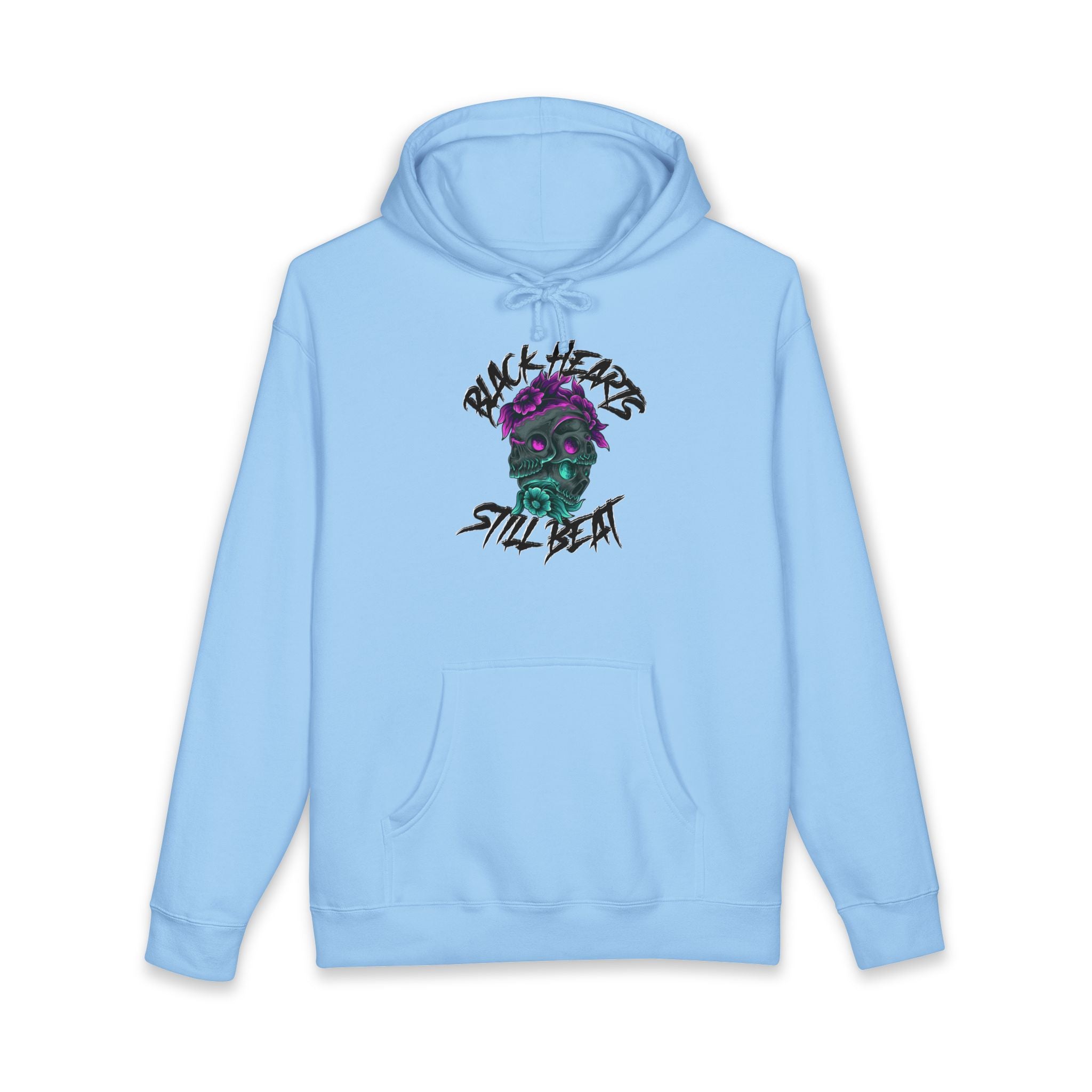 Light blue hoodie with skull graphic and "Black Hearts Still Beat" text.