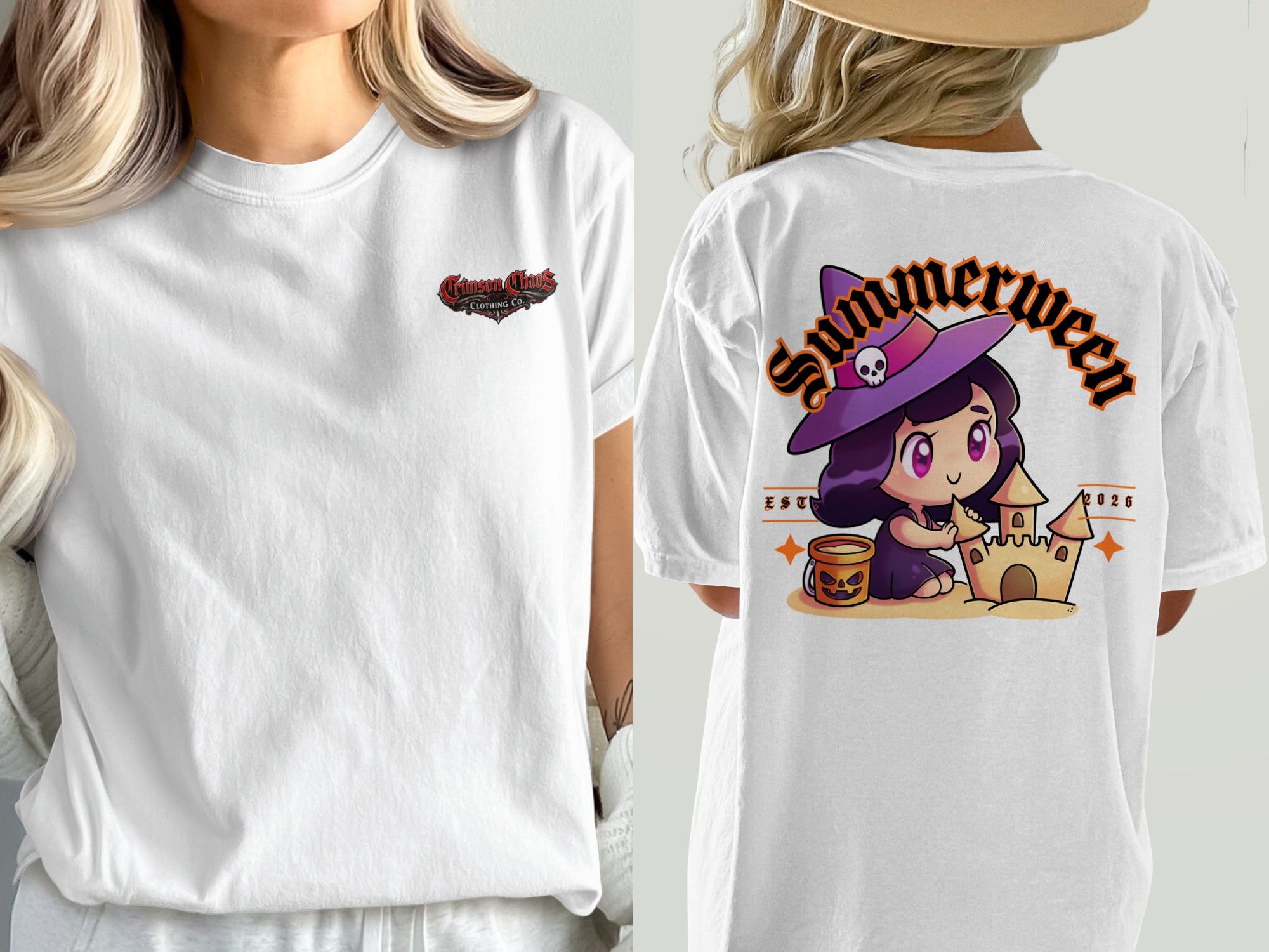 White t-shirt with "Crimson Chaos Clothing Co." on the front and a witch building a sandcastle on the back.