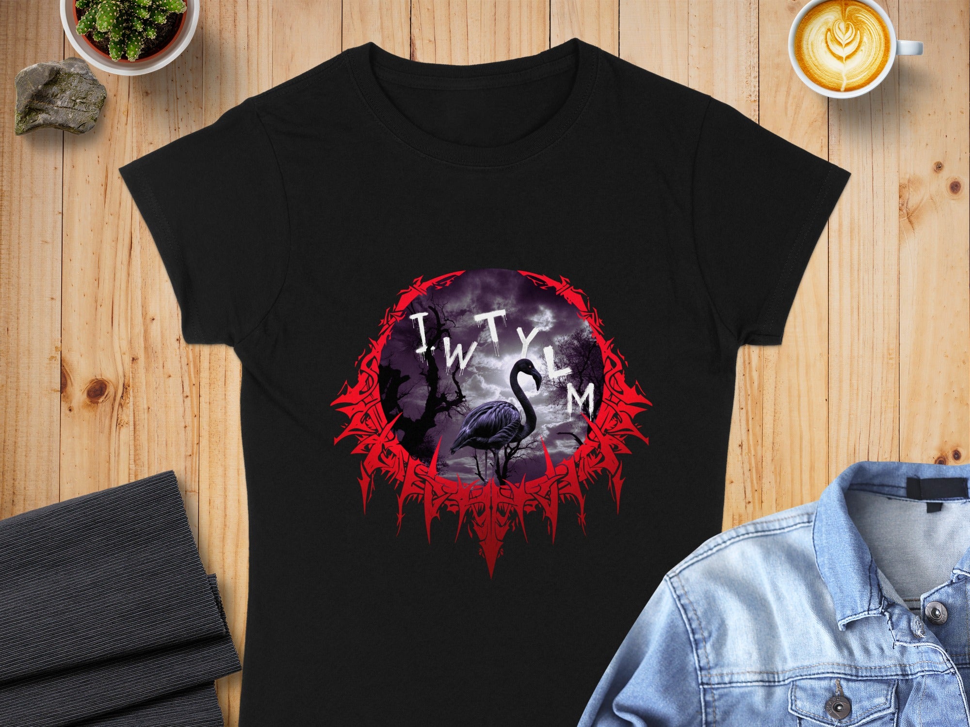 Mysterious Flamingo Night Graphic Design T-Shirt
