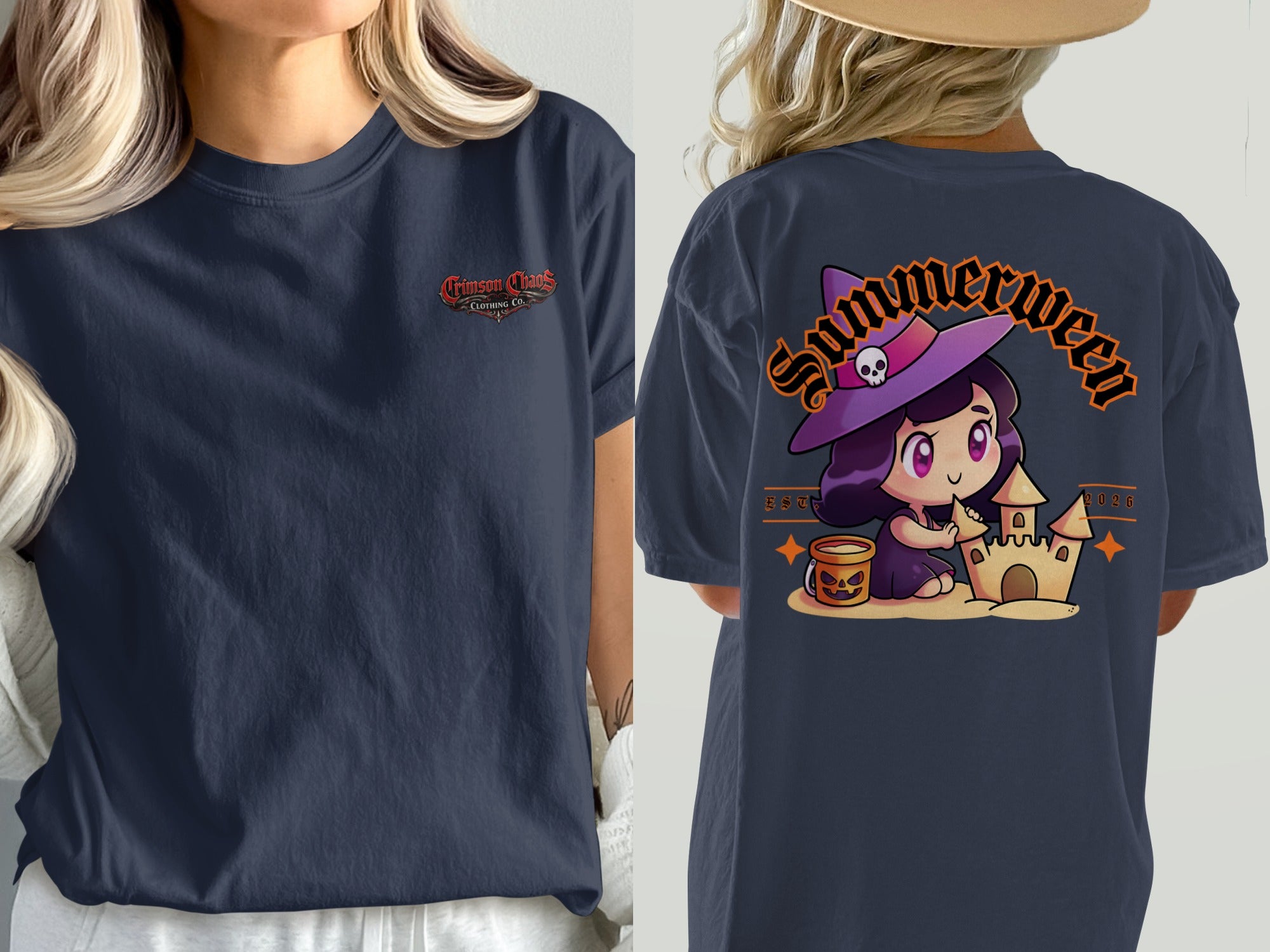 Navy t-shirt with "Crimson Chaos Clothing Co." on front and witch building sandcastle on back.