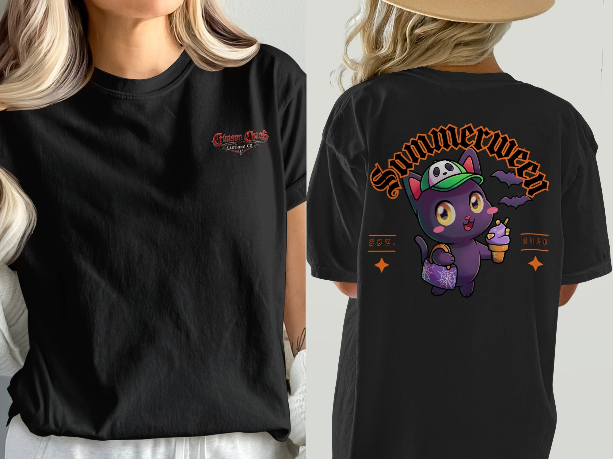Black t-shirt with Crimson Chaos logo on front and cartoon cat on back.