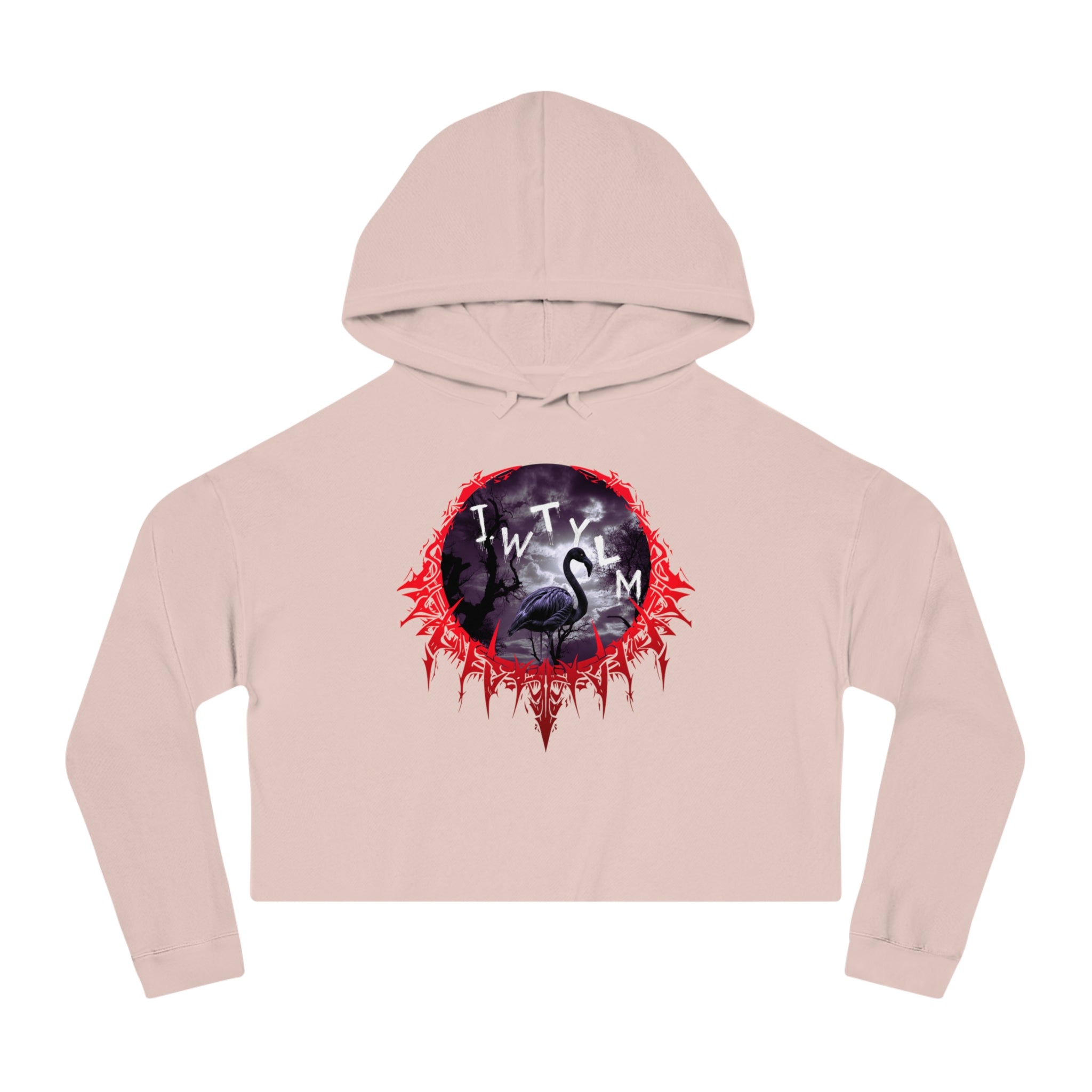 Cropped pink hoodie with a circular graphic featuring a flamingo, trees, and the text JWTYLM.
