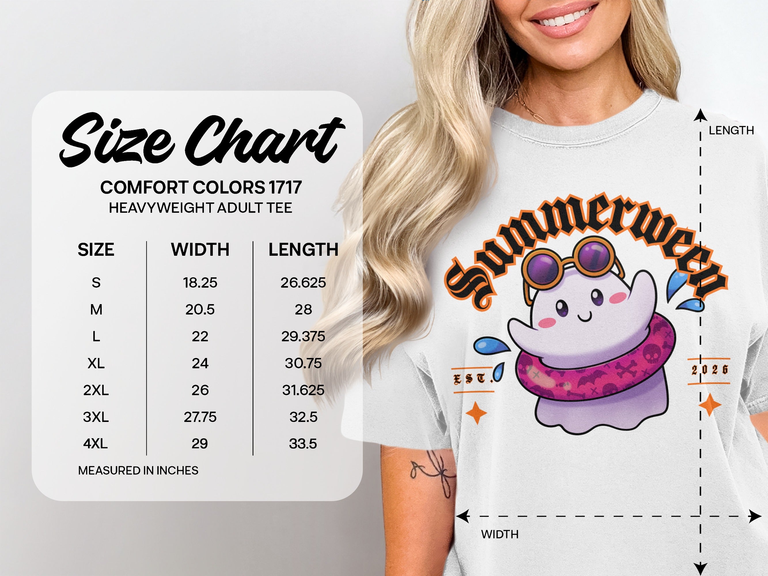 Comfort Colors 1717 heavyweight adult tee size chart with ghost graphic.