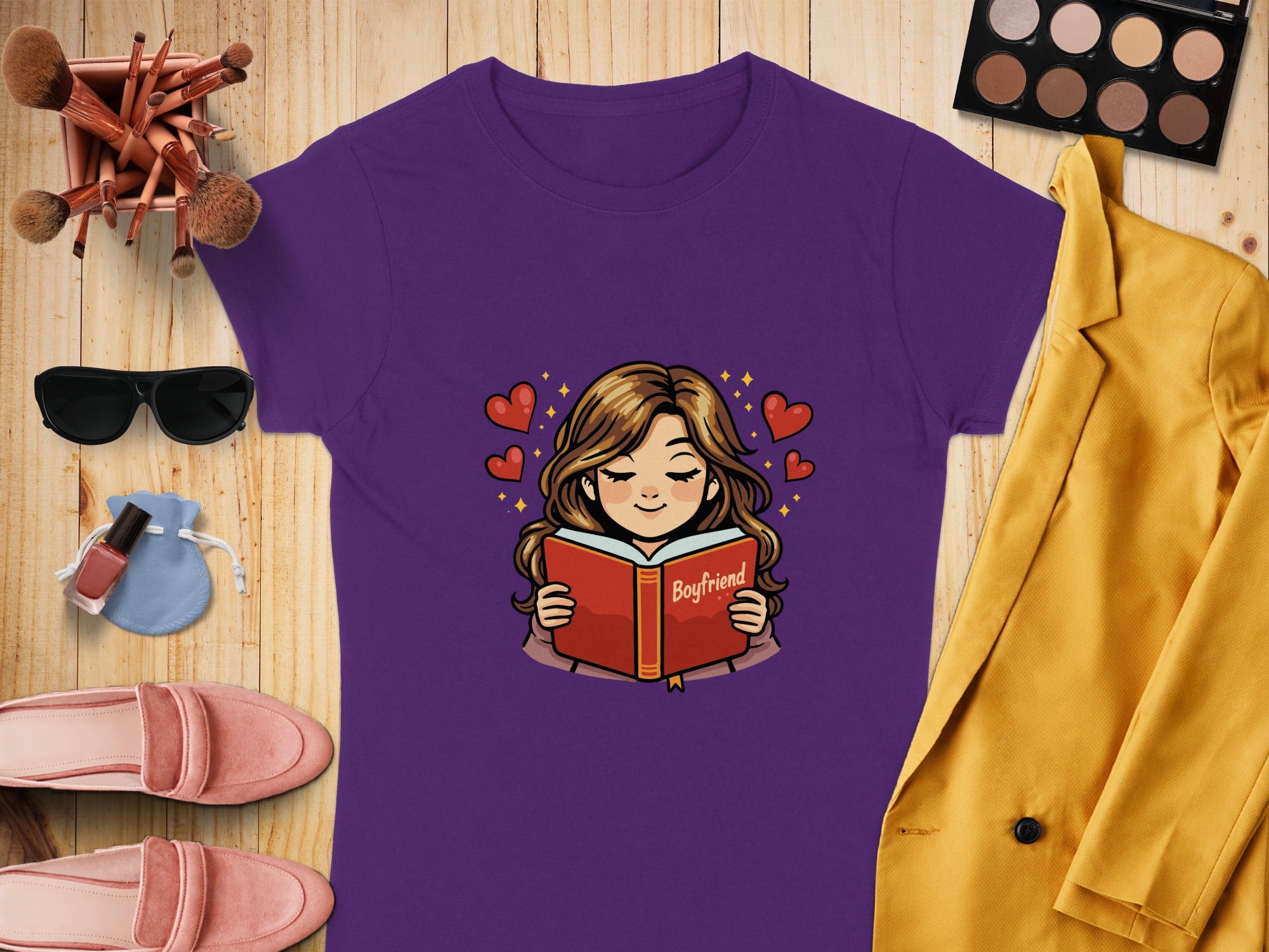 Reading Boyfriend Cute Cartoon Hearts Design T-Shirt