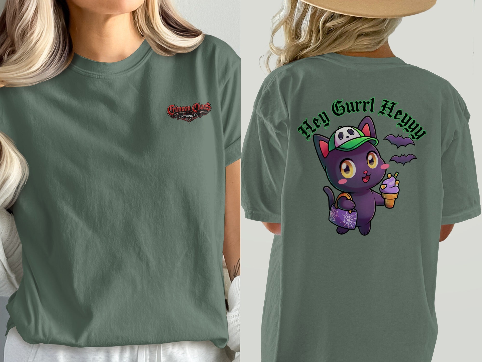 Green t-shirt with Crimson Chaos logo on front and a cartoon cat graphic on back.