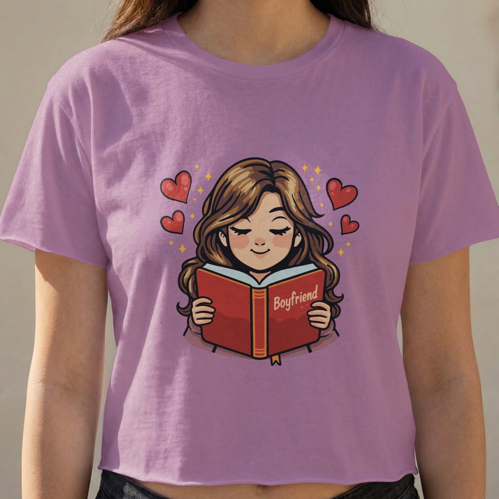 Woman in purple shirt reads a book titled "Boyfriend" with hearts.