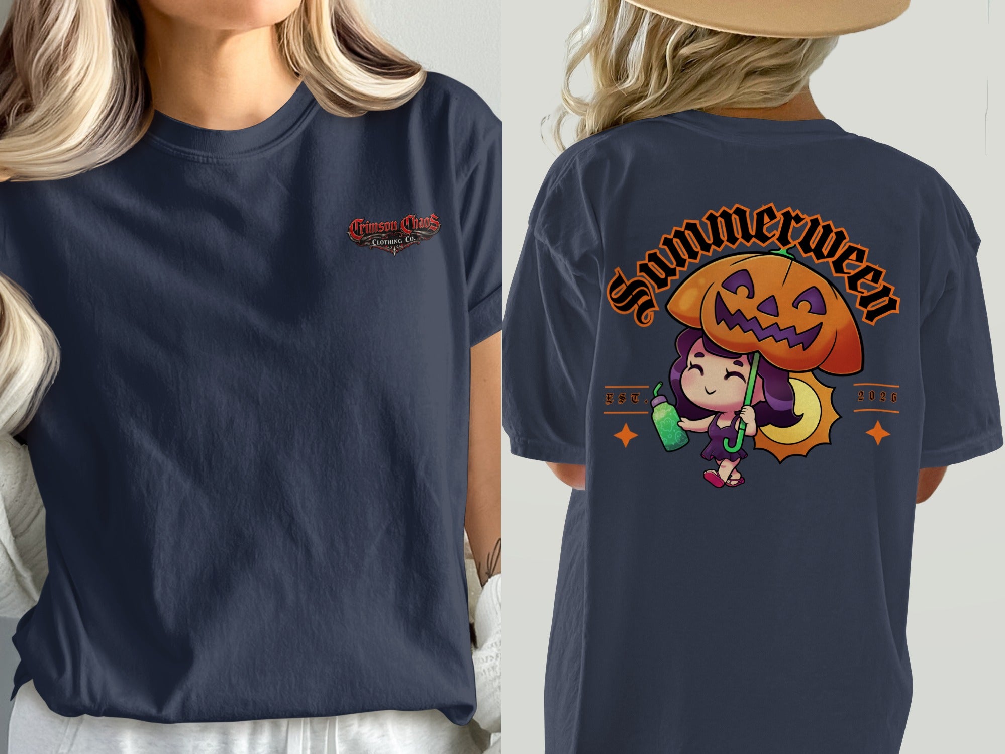 Navy t-shirt with Crimson Chaos Clothing Co. logo on front, Halloween art on back.