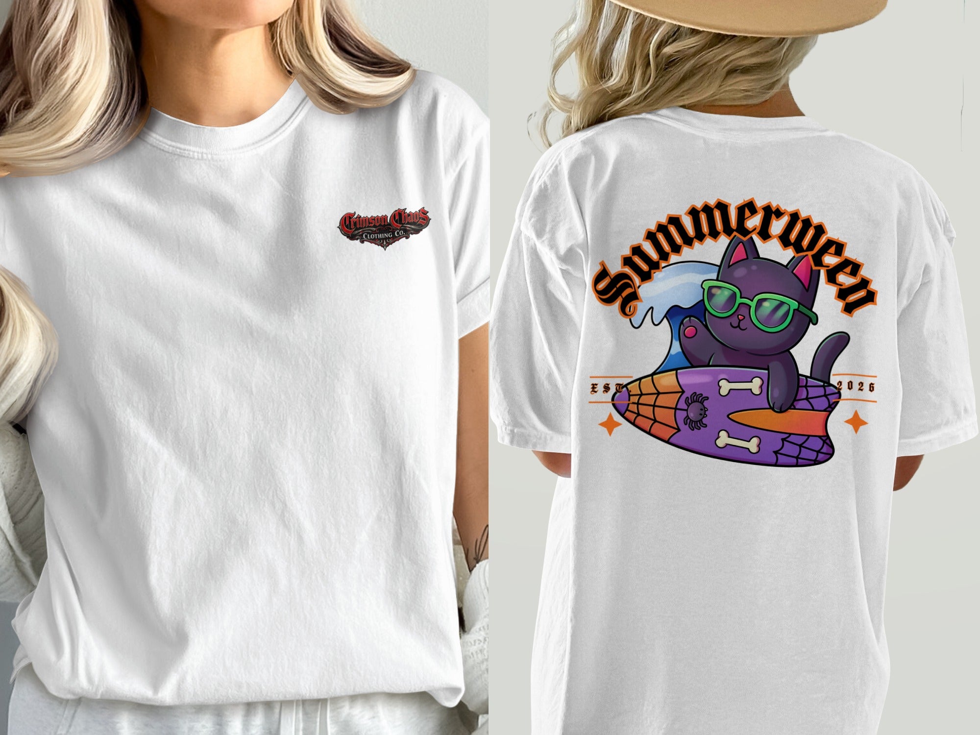 White t-shirt with 'Summerween' text and a cartoon cat on a surfboard.