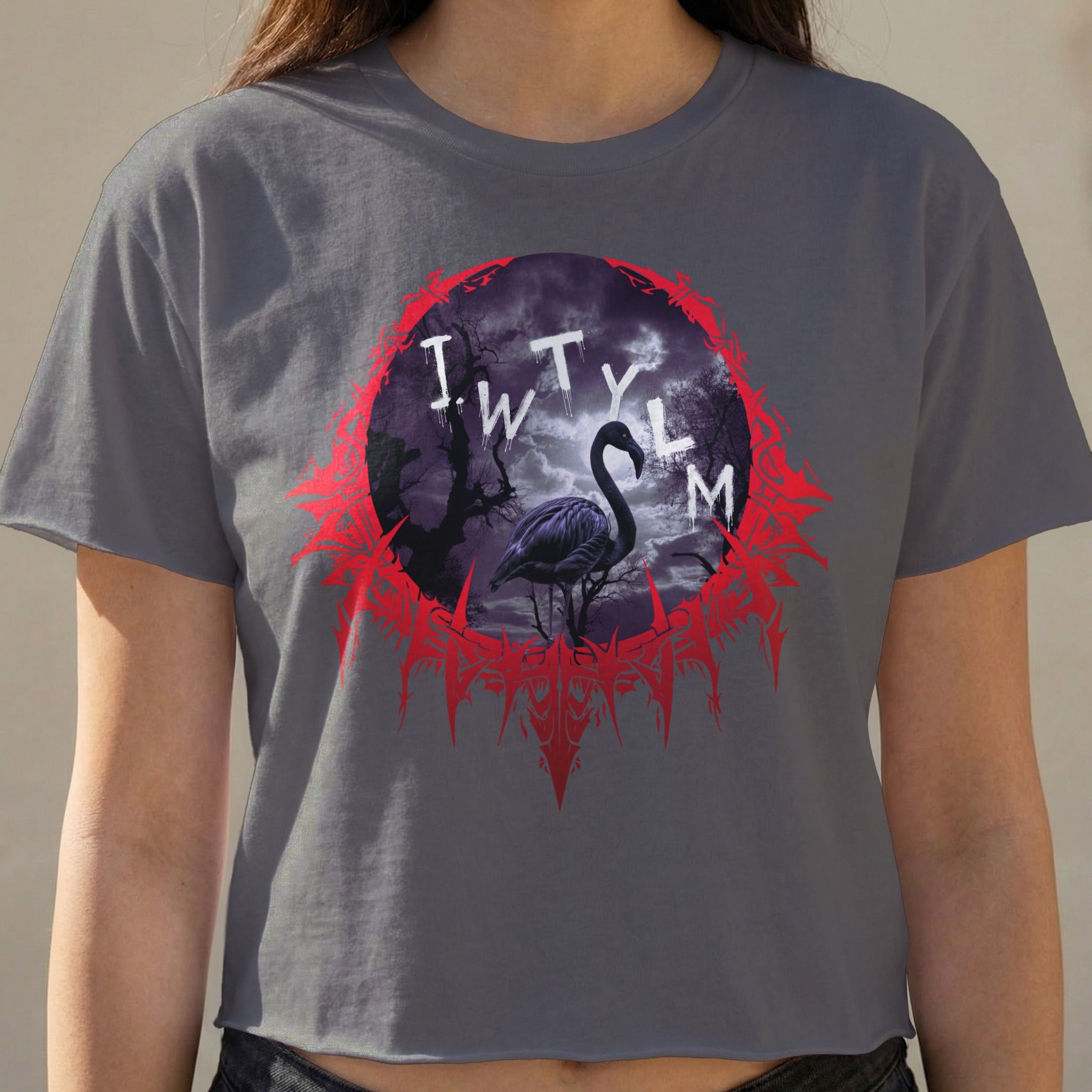 Dark circle graphic with flamingo and "IWTLYM" text on gray crop top.