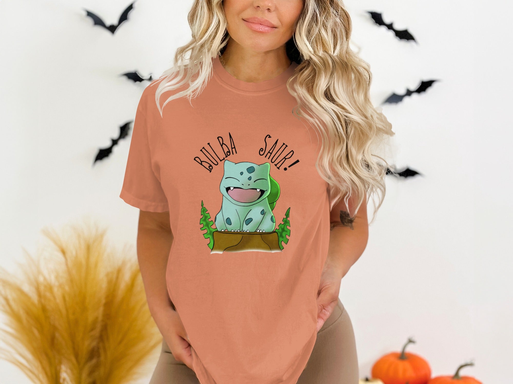 Bulbasaur Graphic Tee with Halloween Background Design