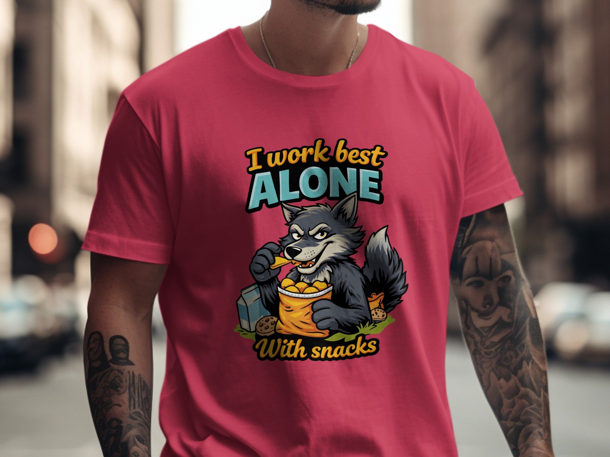 I Work Best Alone With Snacks Funny Wolf T-Shirt