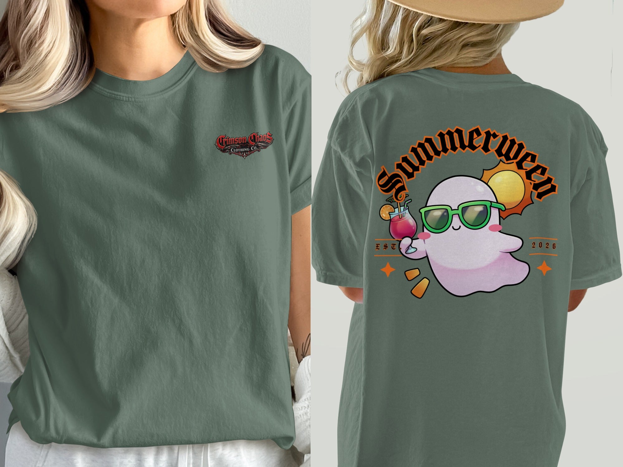 Green t-shirt with Crimson Chaos Clothing Co. on front, and ghost with drink and "Summerween" on back.