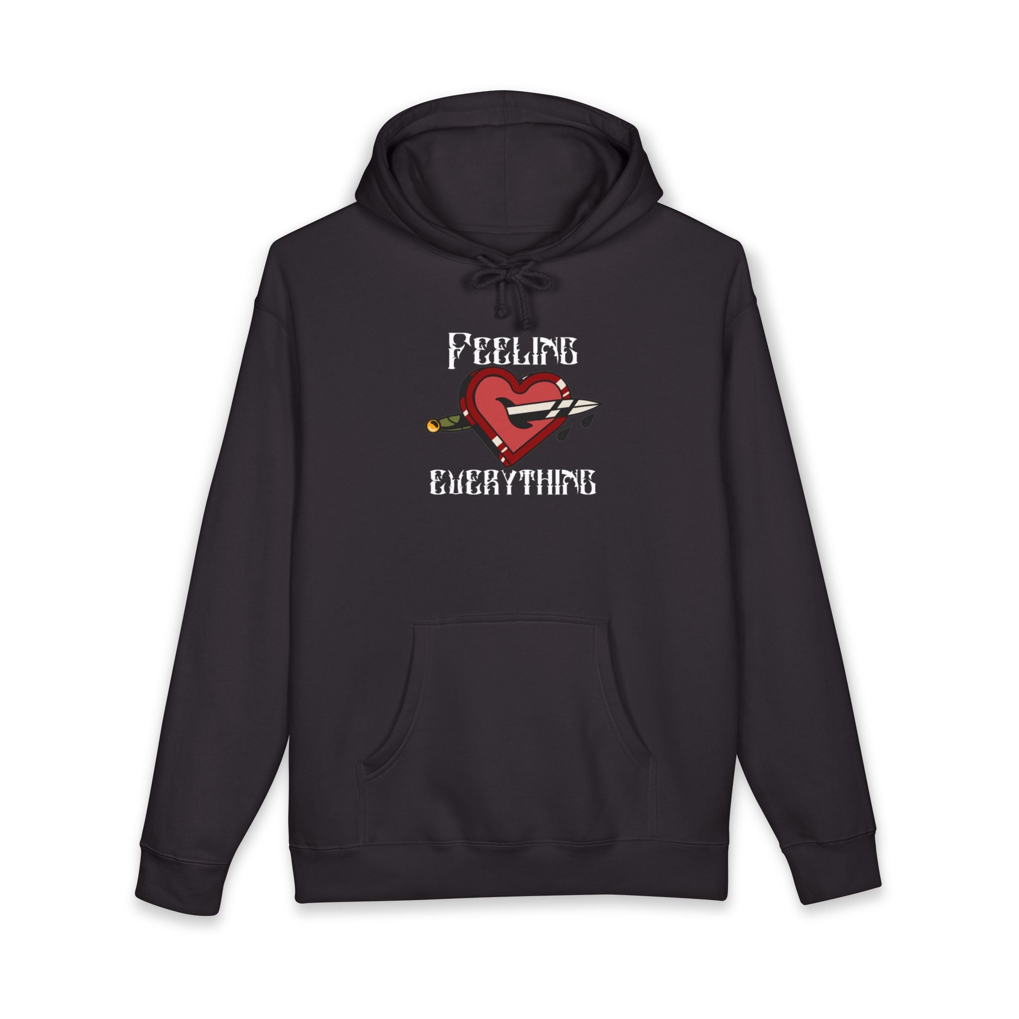 Dark gray hoodie with a heart pierced by a dagger and "FEELING EVERYTHING" text.