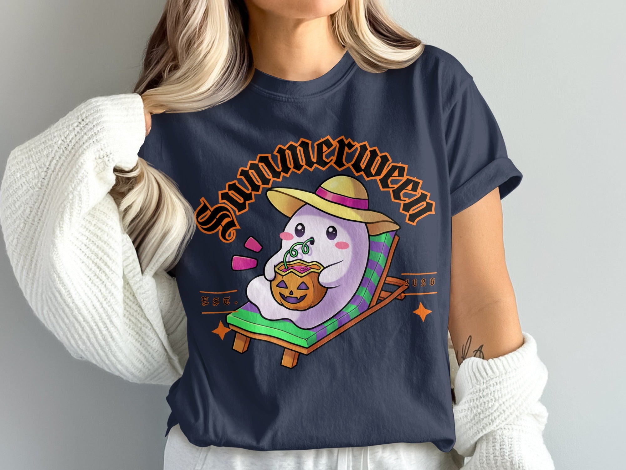 Ghost in a hat on a lounge chair with a pumpkin drink, text "Summerween EST. 2026".