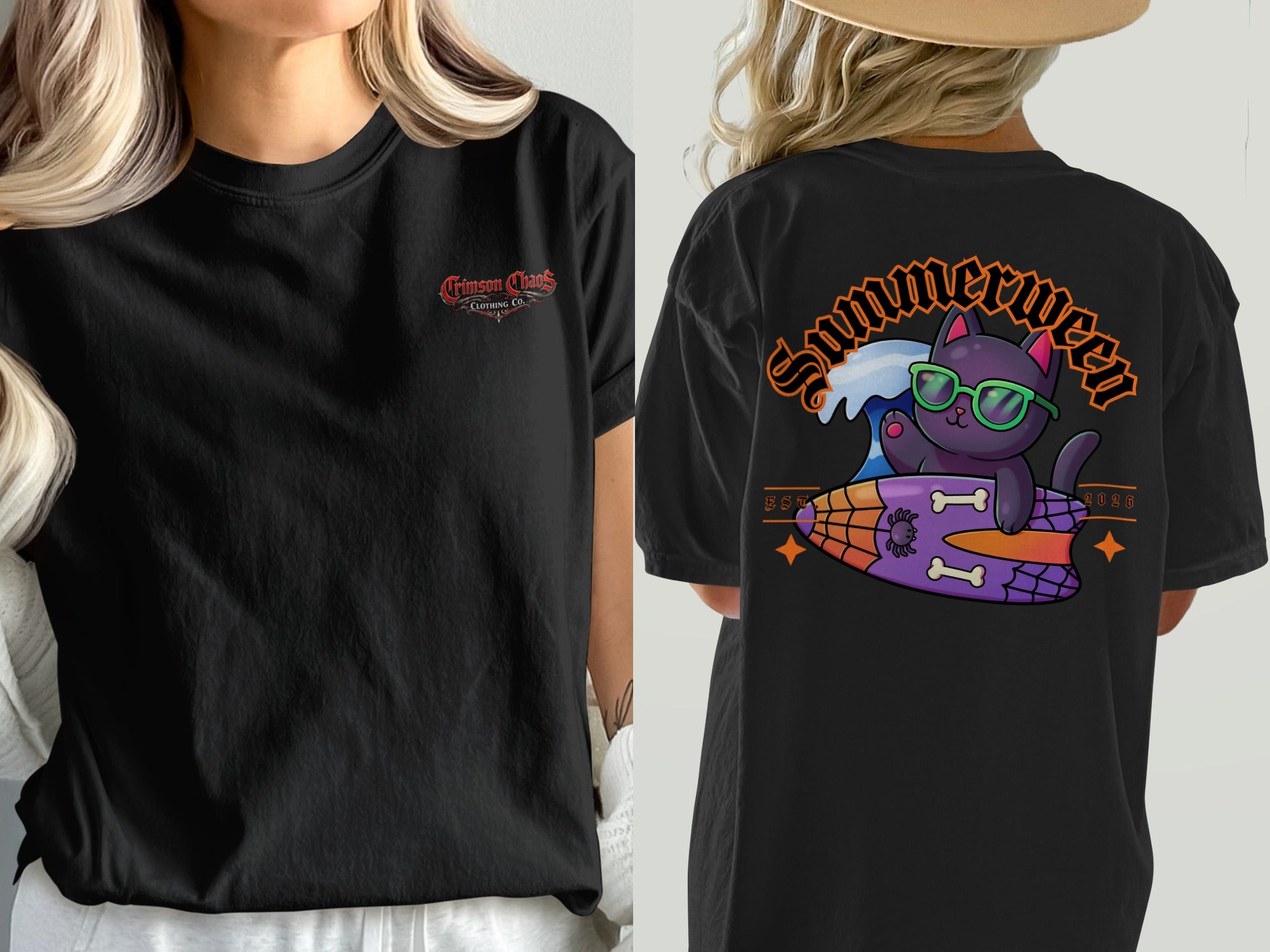 Black t-shirt with a purple cat on a surfboard graphic and "Summerween" text.