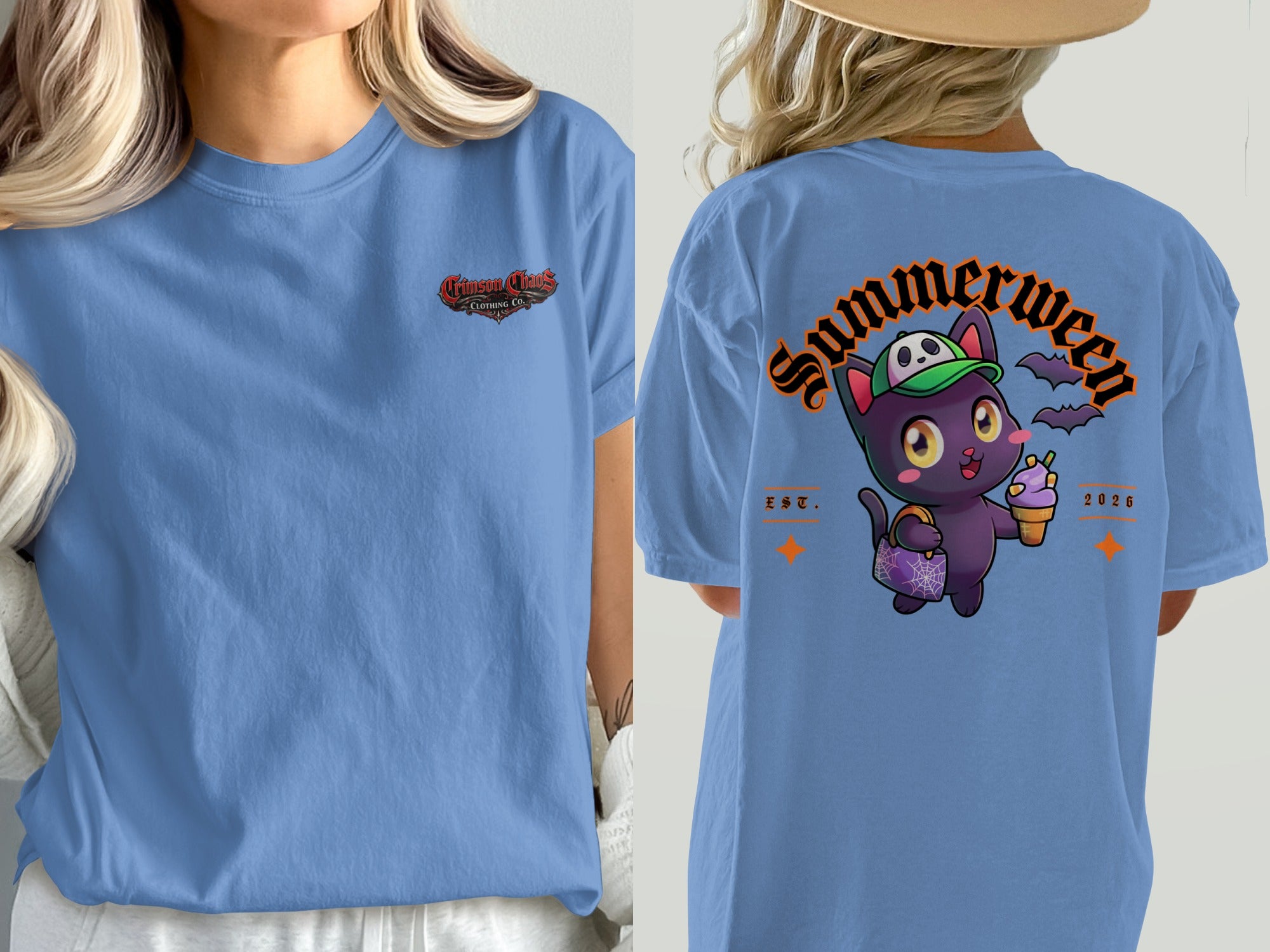 T-shirt with a blue shirt featuring Crimson Chaos Clothing Co. logo and a cartoon cat with ice cream.