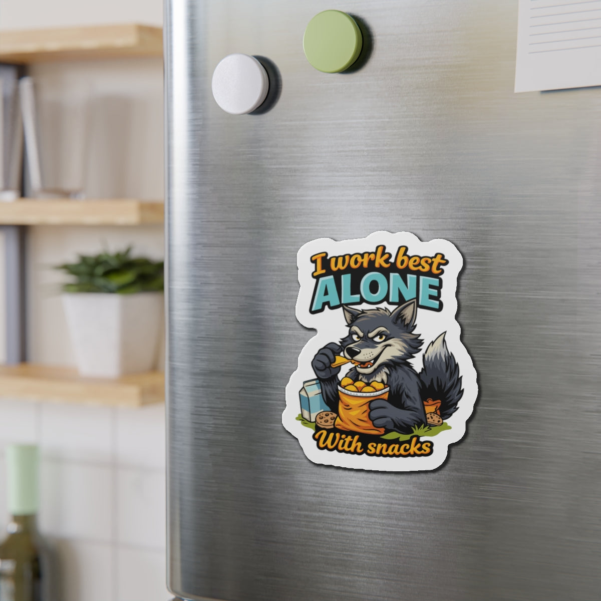 I Work Best Alone With Snacks Wolf Magnet Decal