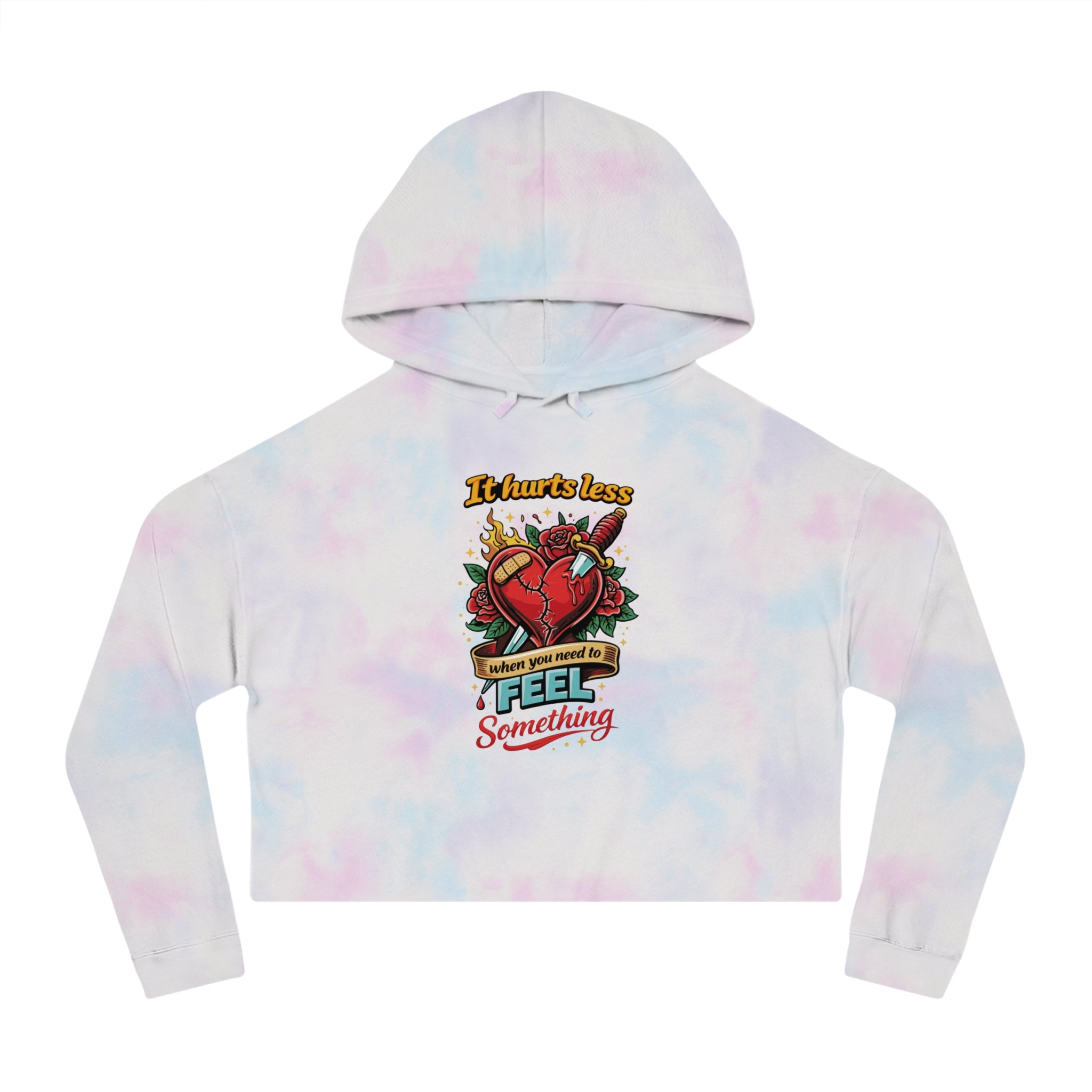 White cropped hoodie with tie-dye pastel pattern and graphic of a broken heart pierced by a dagger.