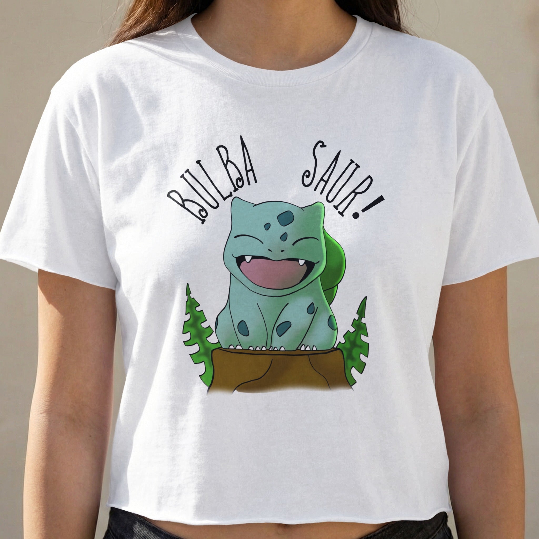 Bulbasaur graphic on white t-shirt with text "BULBASAUR!".