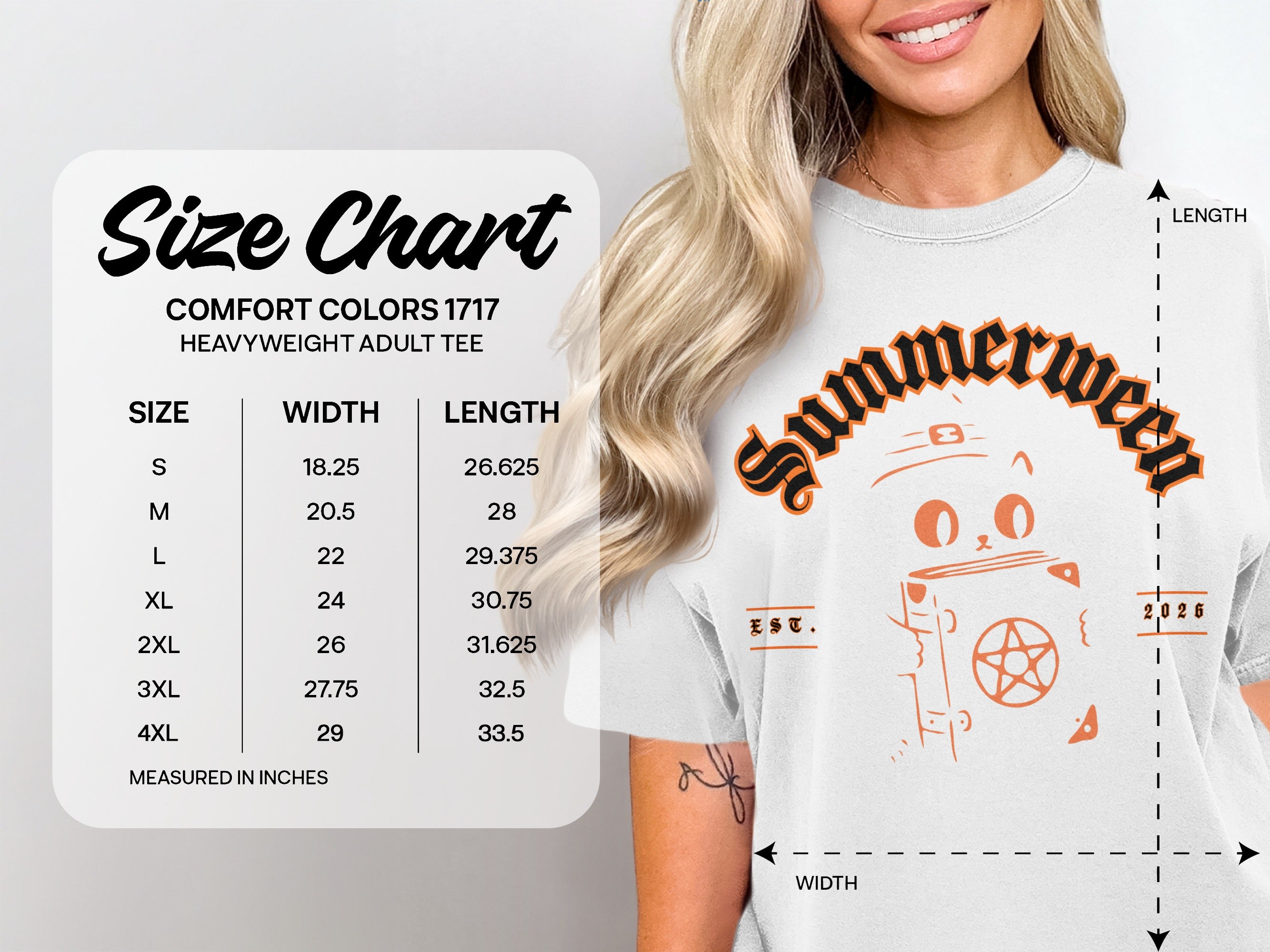 Comfort Colors 1717 size chart for heavyweight adult tee with "Summerween" graphic.