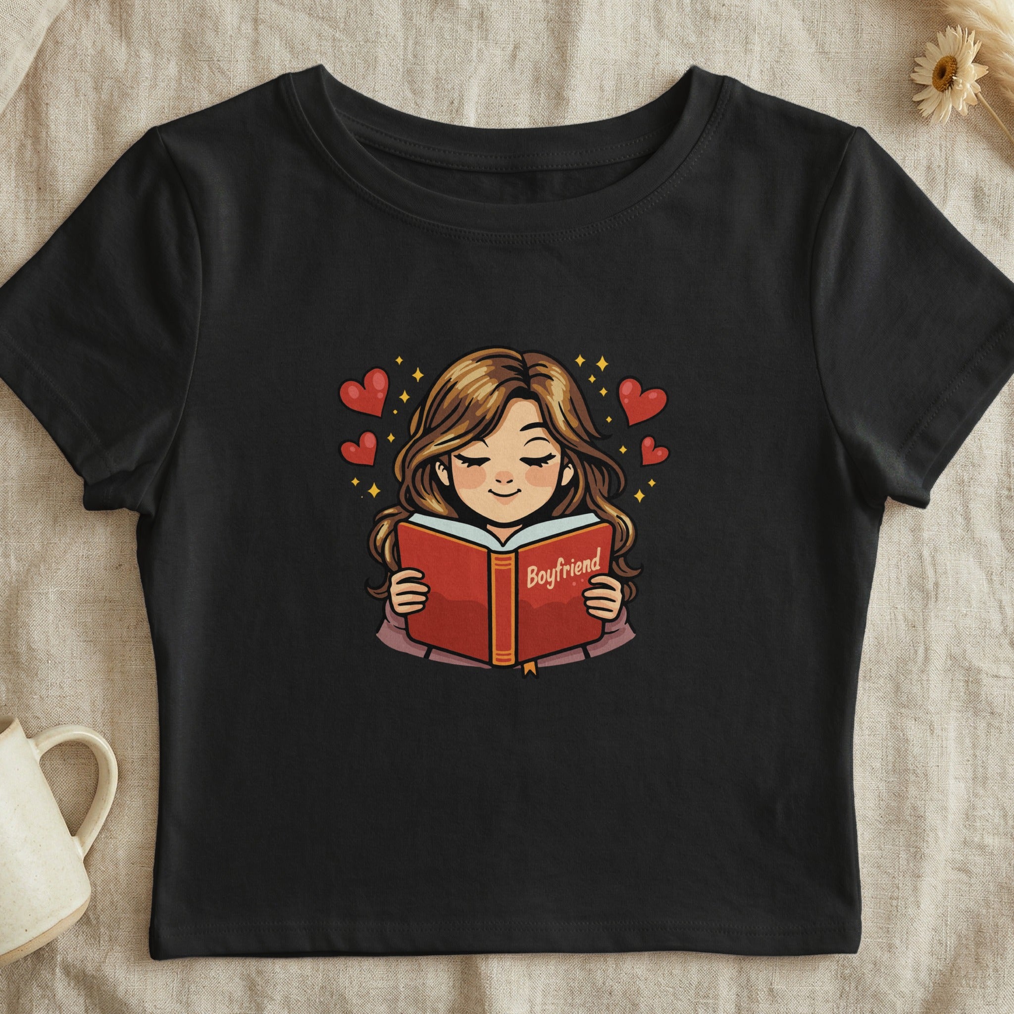 Girl Reading Boyfriend Book Cute Hearts Graphic T-shirt