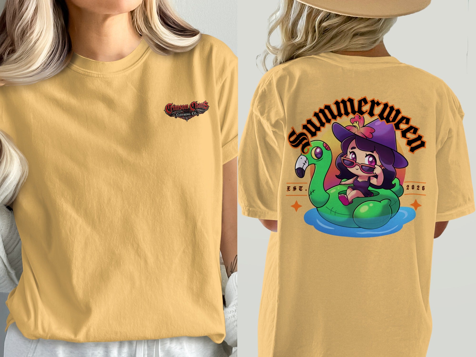 Yellow t-shirt with "Crimson Chaos Clothing Co." on the front and a witch on a flamingo float on the back.