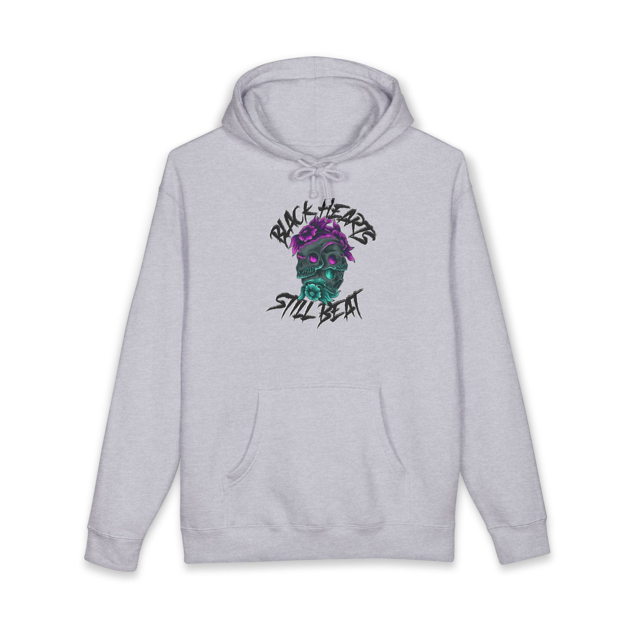 Light gray hoodie with a skull graphic and text "BLACK HEARTS STILL BEAT".