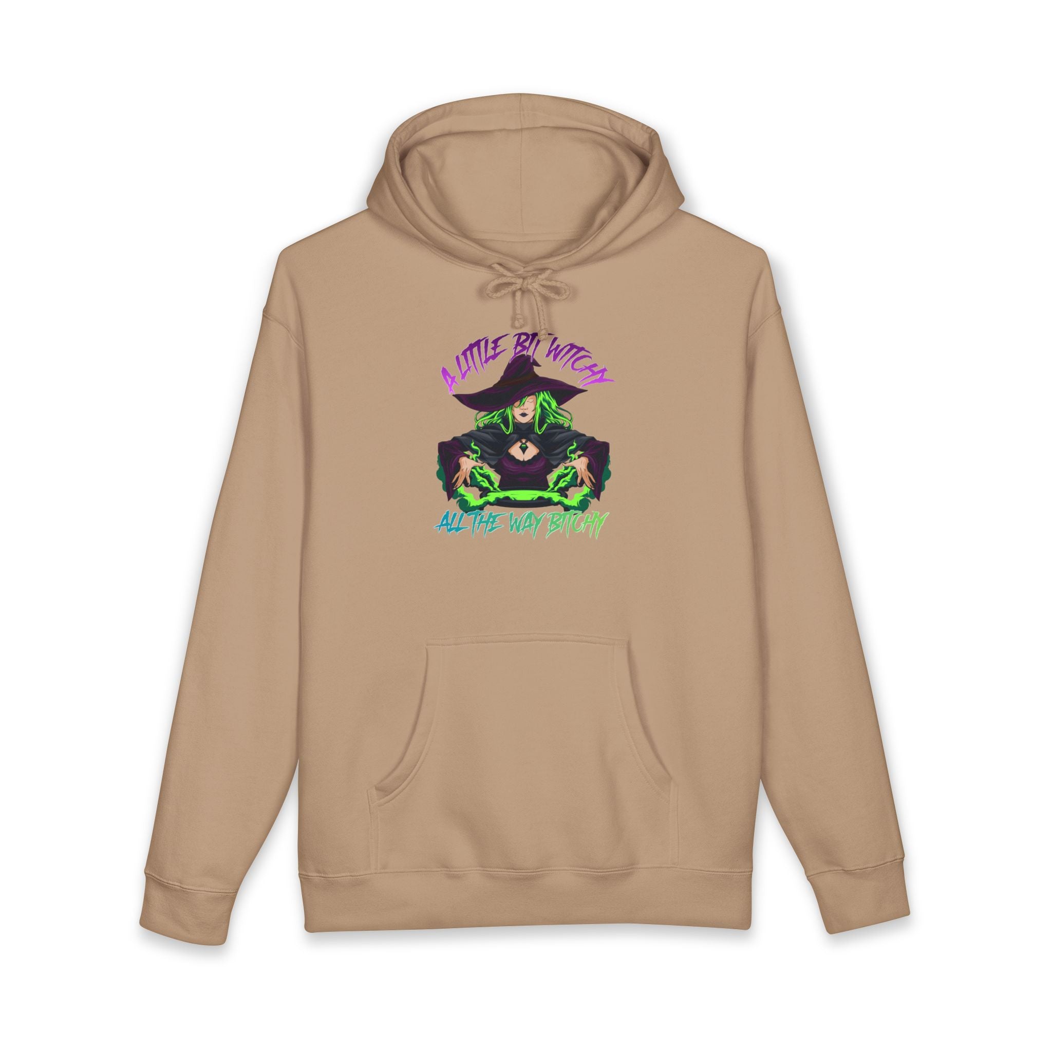 Tan hoodie with a witch graphic and text "A Little Bit Witchy All The Way Bitchy".