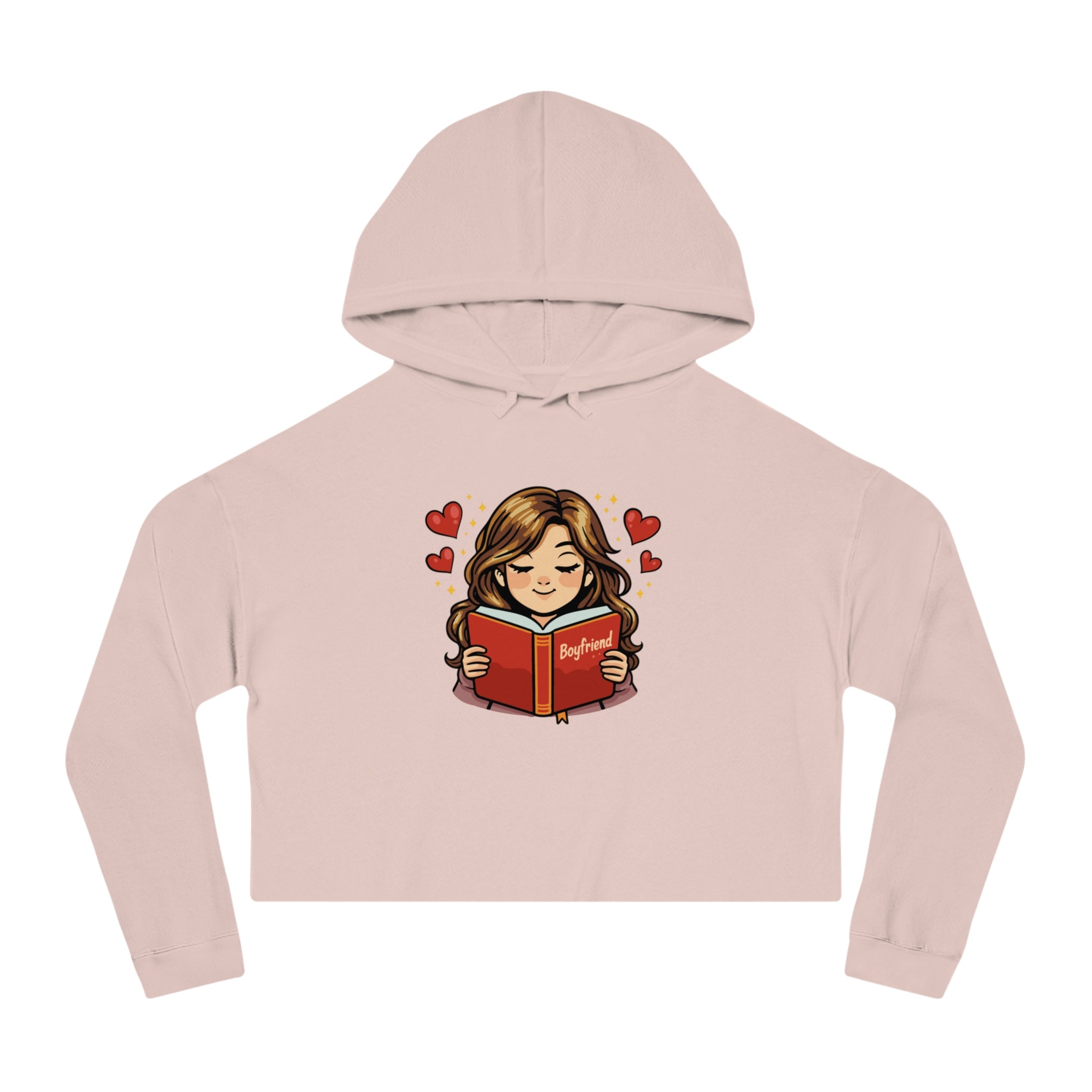 Crop hoodie with cartoon girl reading a book titled "Boyfriend".