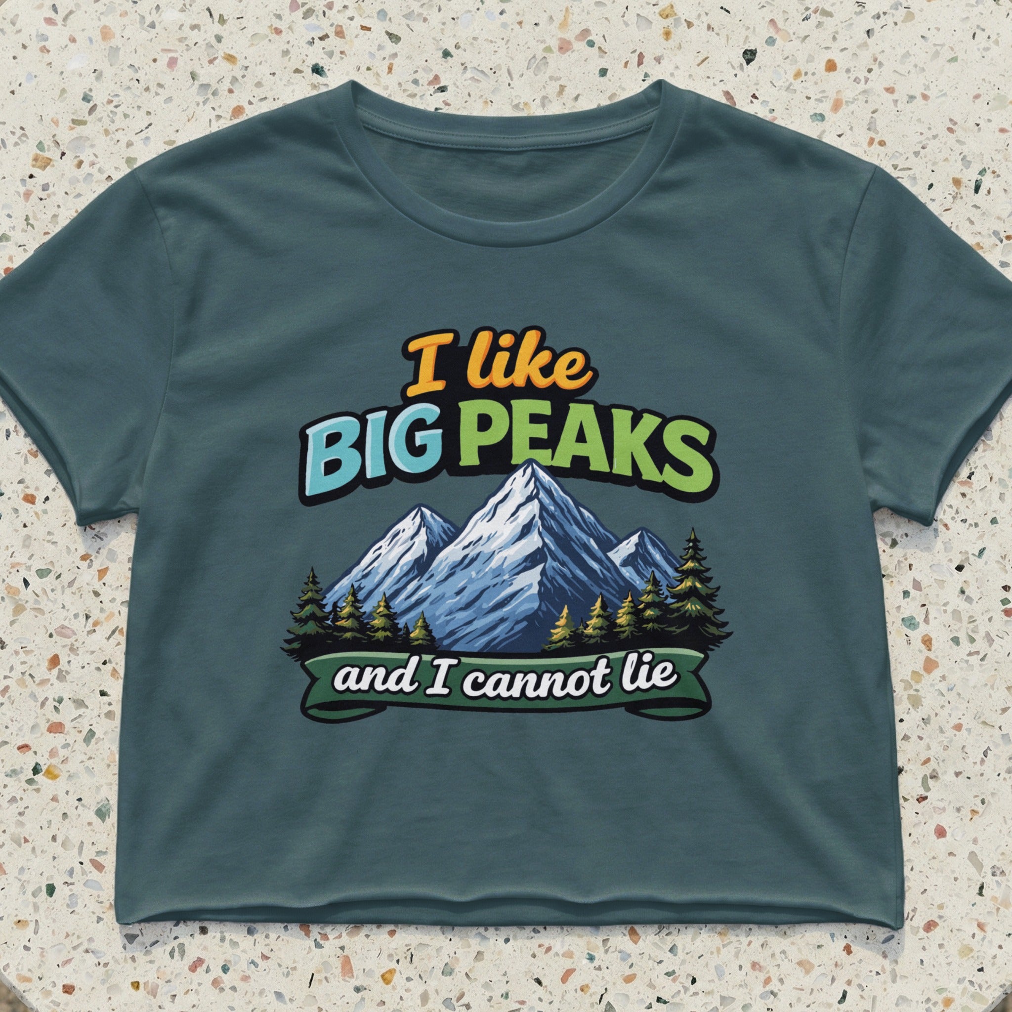 Teal t-shirt with "I like BIG PEAKS and I cannot lie" text and mountain graphic.