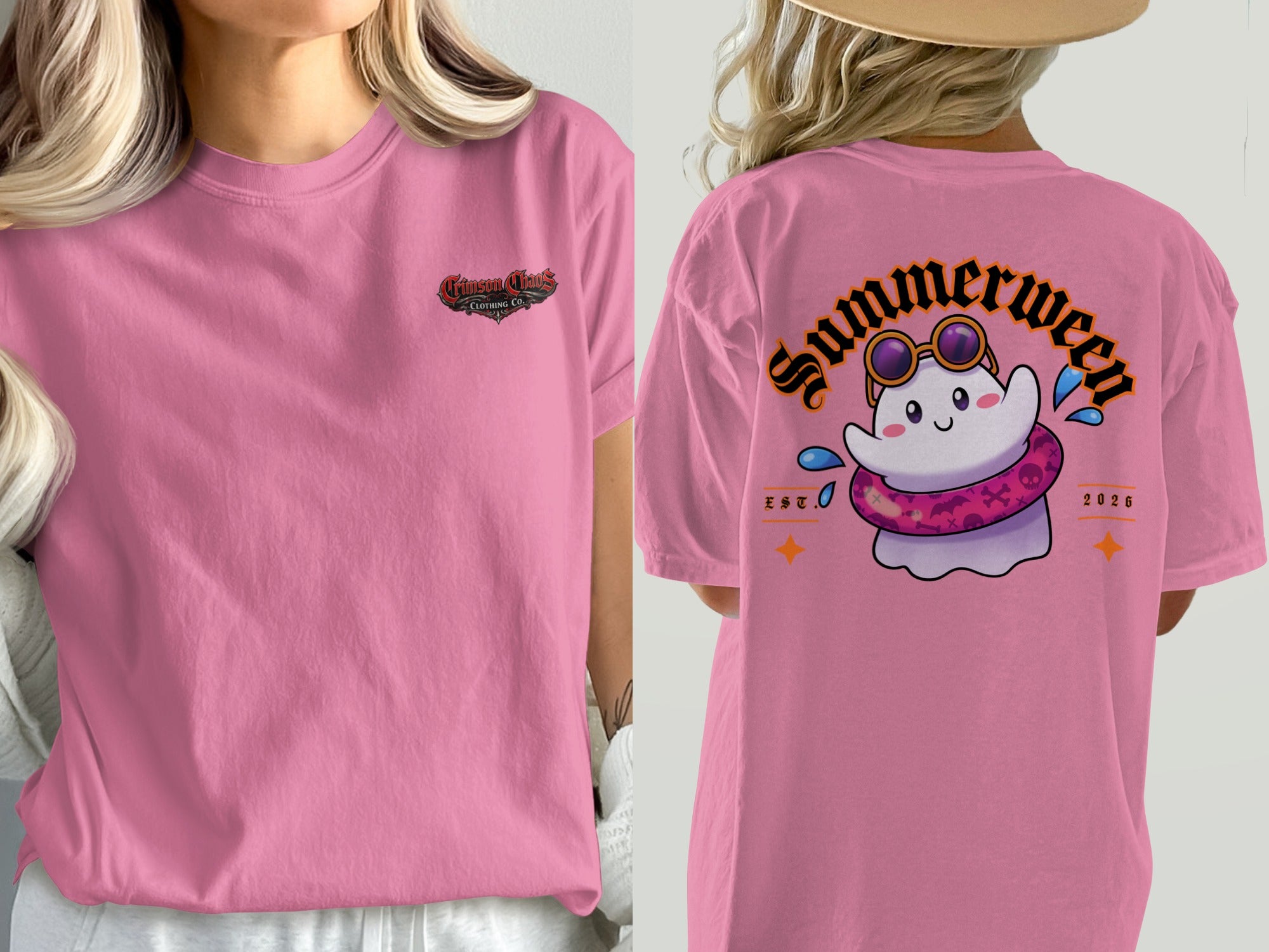 Pink t-shirt with Crimson Chaos logo on front and Summerween ghost graphic on back.